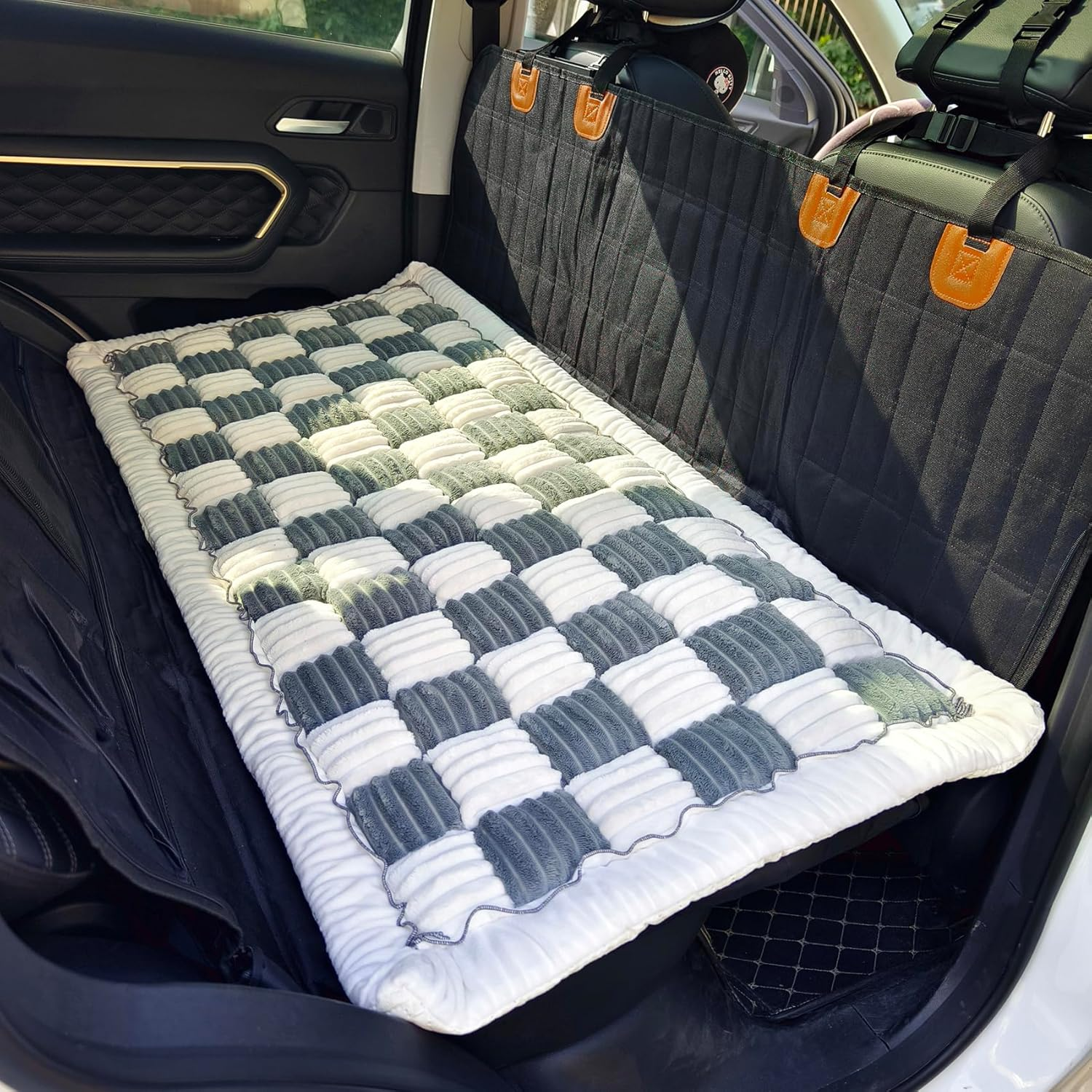 Backseat Pet Bed Mat, Plaid Dog Bed for Car, Non-Slip Travel Dog Bed, Custom Fit for Backseat Extenders and Seat Covers (Black&White, 24.8X54 Inch)