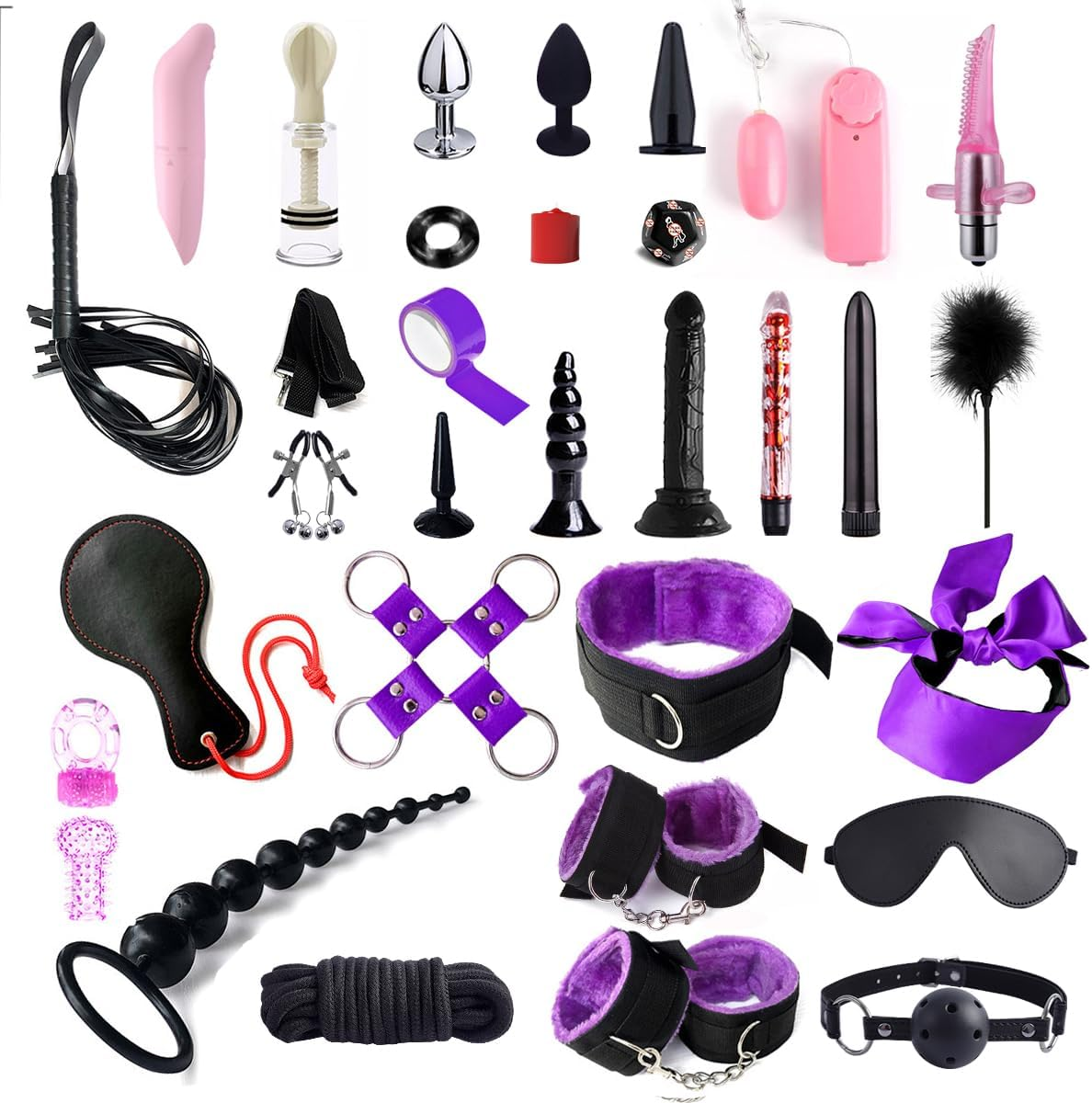 35 Pcs Sex BDSM Kit Sex Toy Bondage for Adult Couples Leather Restraint Kits with Sex Dice Ball Gag Blindfold for Women Men（Black）