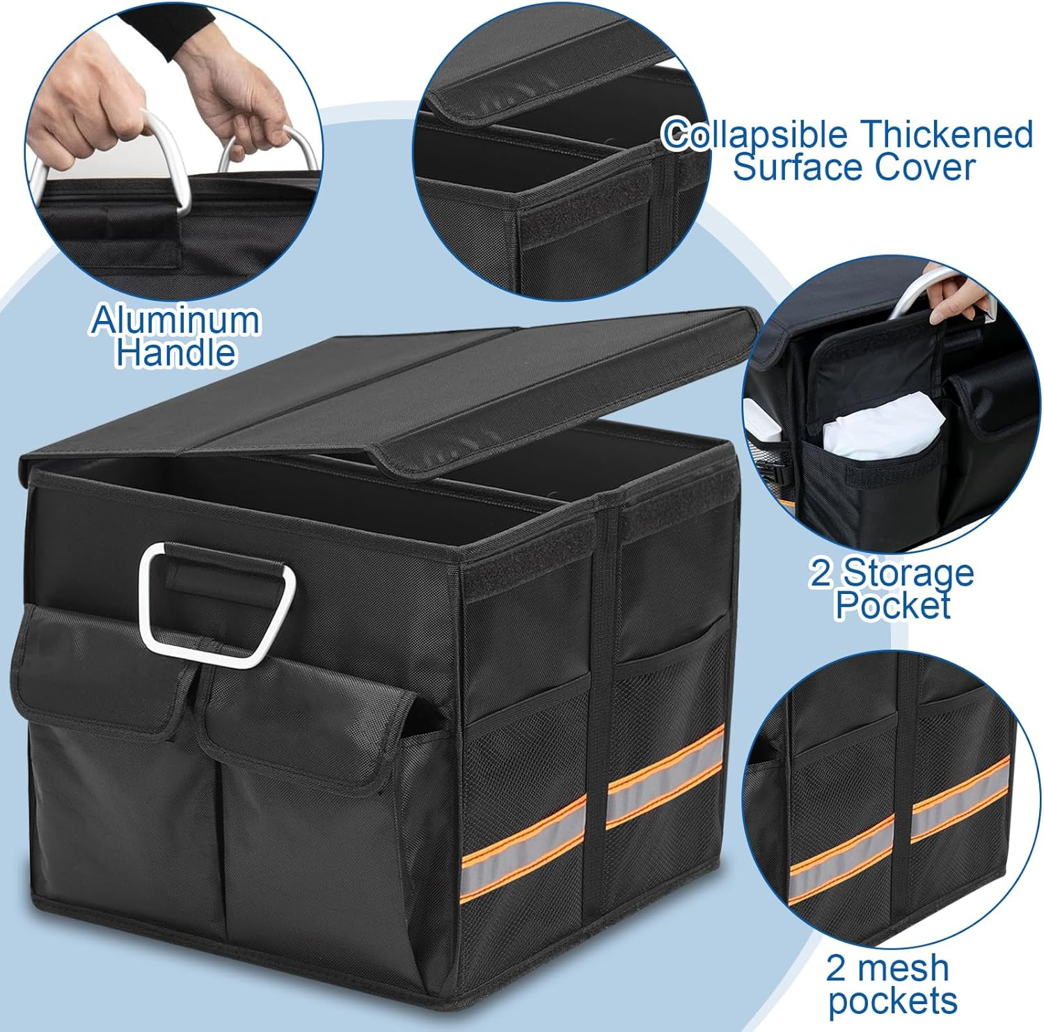 IEHOME Car Trunk Organizer, 36L Collapsible Multi Compartment Black SUV, RV, Car Organizer with Non Slip Base, Waterproof Bag & Reflective Strip image number 1