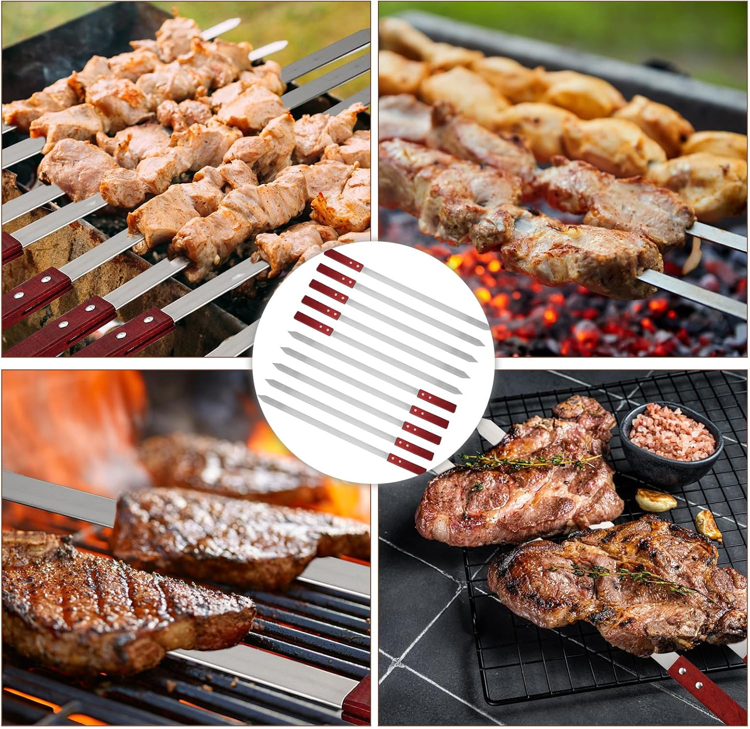 10 Pcs Heavy Duty Kabob Skewers 1 Inch Wide 2 Mm Thin Kabob BBQ Stainless Steel Metal Skewers for Grilling with Wooden Handles, Silver(60Cm Long) image number 2