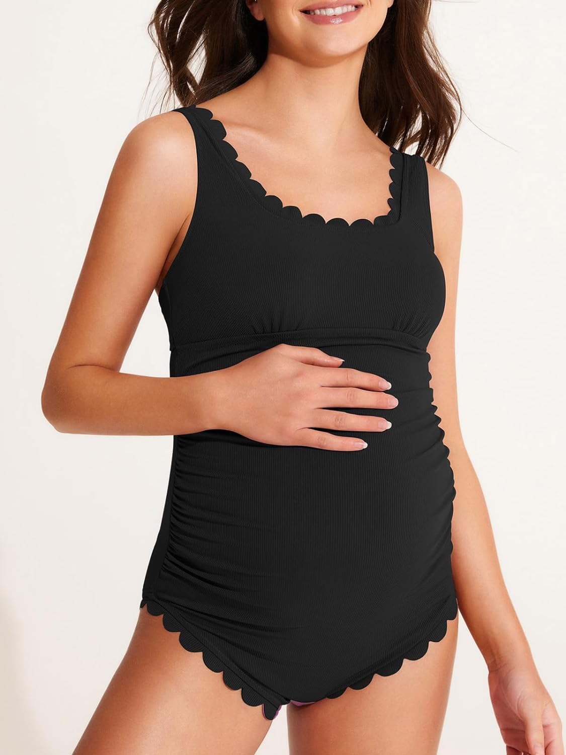 Summer Mae Scalloped Maternity Swimsuit One Piece Ribbed Maternity Bathing Suit Cutout Ruched Pregnancy Swimwear Tie Back image number 2
