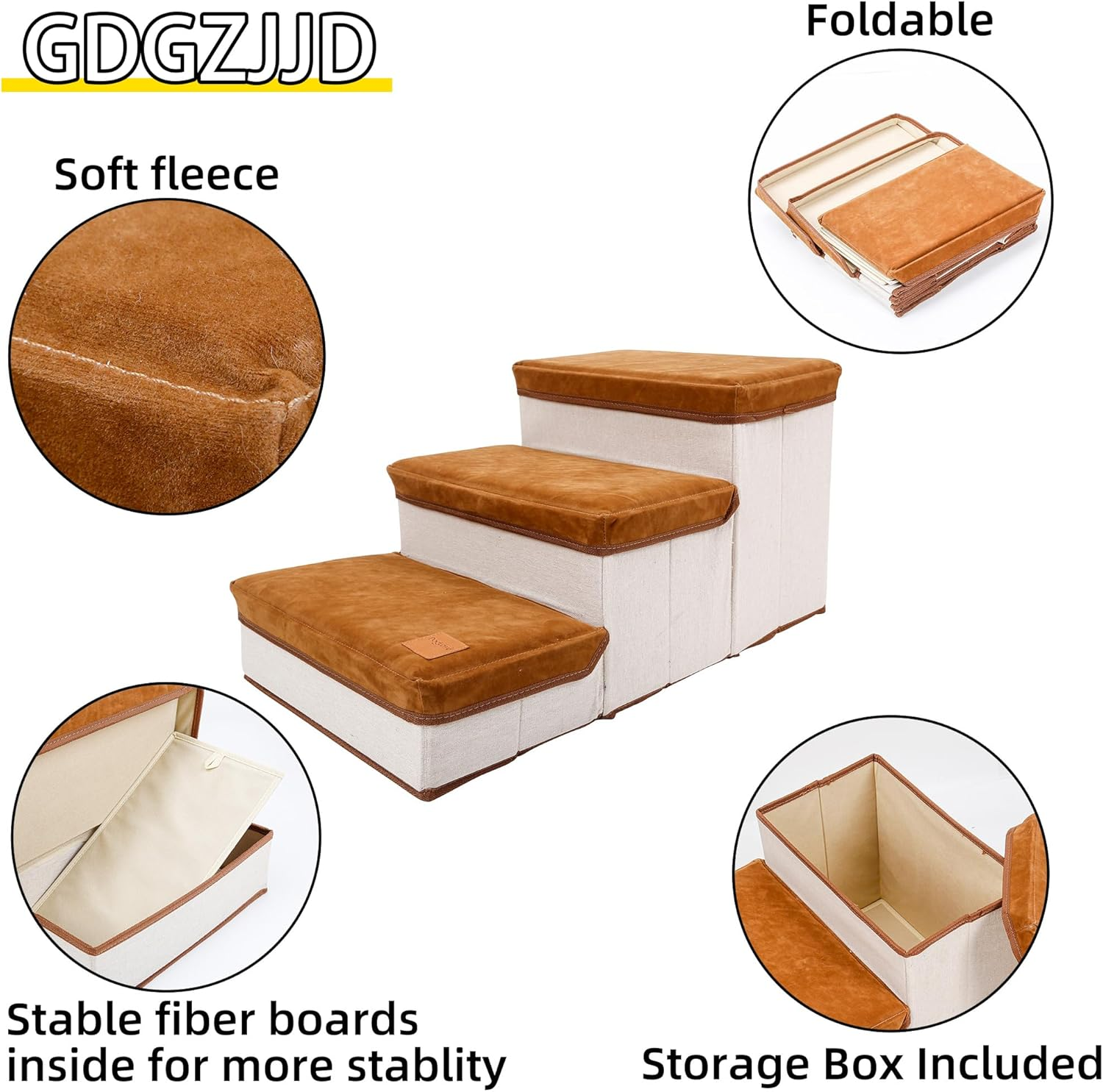 Foldable 3-Step Pet Stairs for Small Dogs & Cats - High-Density Ramp with Storage Box & Non-Slip Base, Perfect for Gifts (Brown) - Grey image number 4