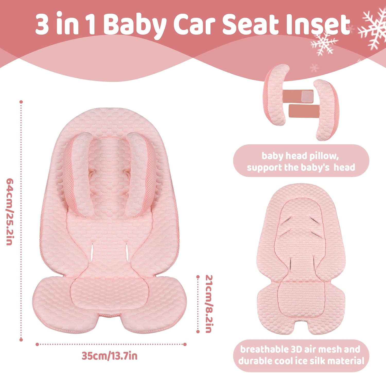 KAKIBLIN Infant Car Seat Insert for Baby,Cooling Pad Cooler Pad,Baby Head Support with Head Pillow, Breathable Fabric Cooling Cushion Liner Fits Strollers, Car Seat, High Chair, Bassinet, Swing image number 6