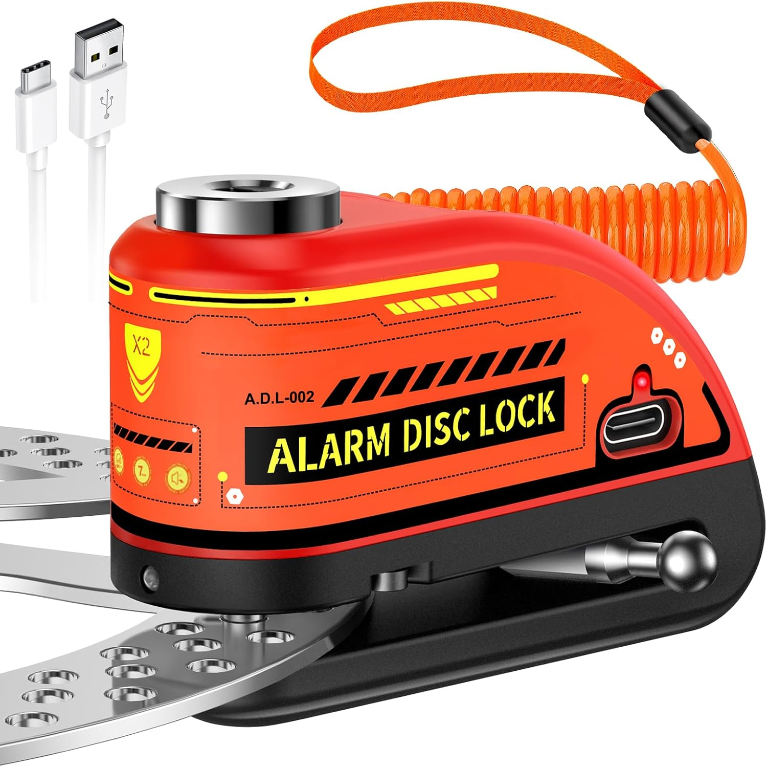 ZEXMTE Alarm Disc Lock Rechargeable Motorcycle Disc Brake Lock Alarm 120Db with 1.8M Reminder Cable Reinforced Waterproof High Security Disc Brake Lock for Motorcycle, Bike, Scooter, E-Bike, Red