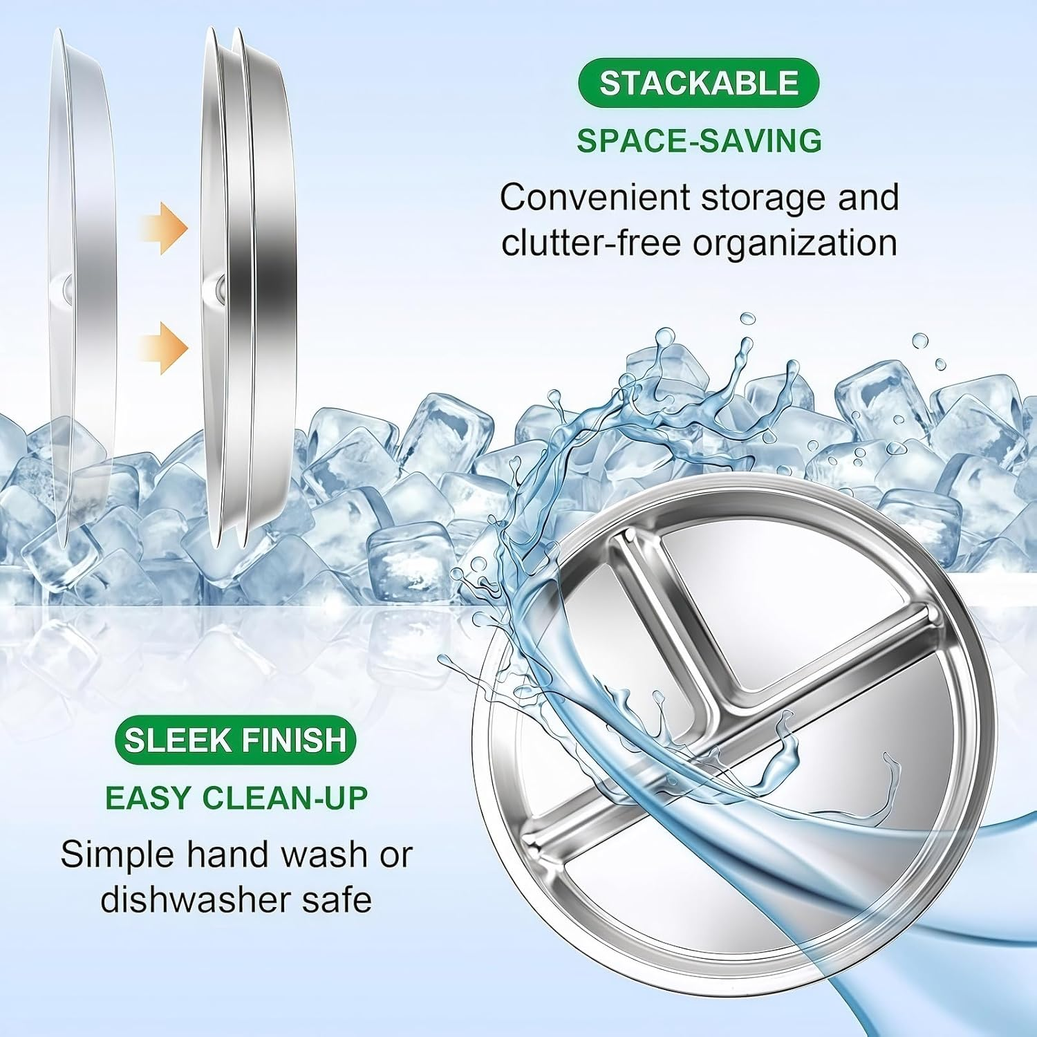 4 Pack Stainless Steel Kids Plates,8In Portion Control Platter with 3-Compartment 304 Stainless Steel，Easy to Clean Plate for Adults Kids of Camping, Breakfast ，Lunch and Dinner image number 6