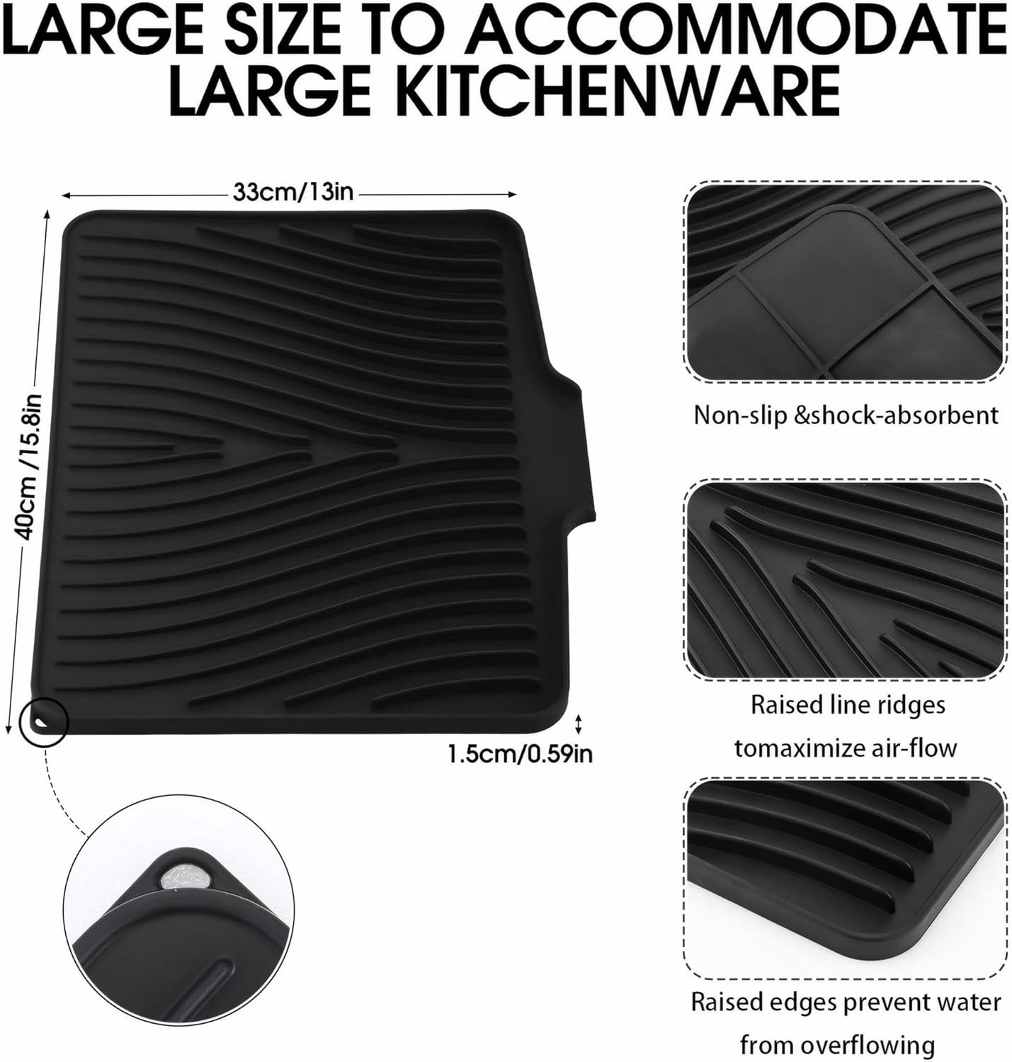 Silicone Dish Drying Mat for Kitchen Counter Non-Slip Pad with Built-In Drain Sink (Black) - Grey image number 7