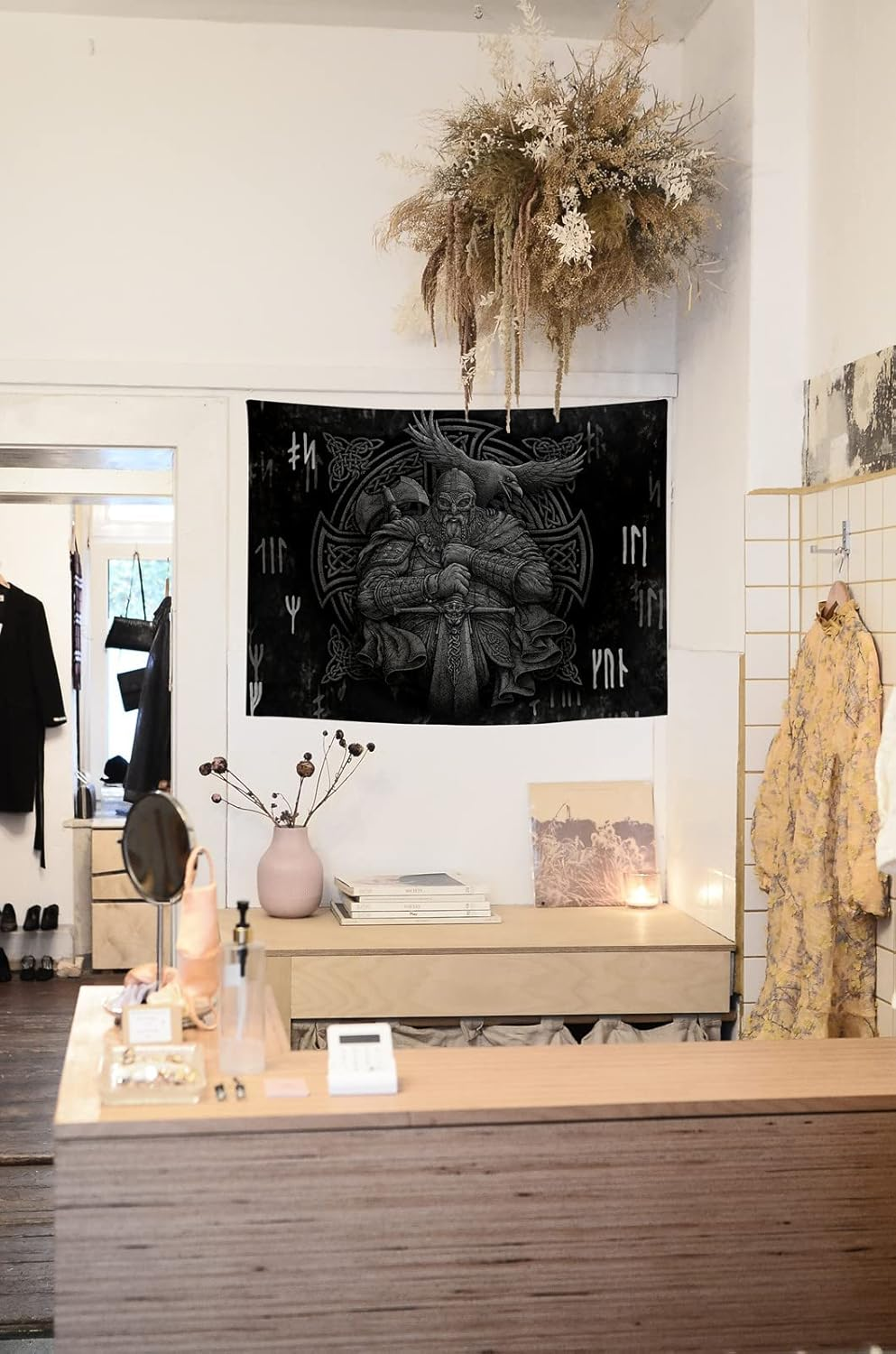 ST Soleme.Tc Norse Viking Tapestry Odin Warrior Sword Axe Raven Tapestries Square Knot Tattoo Wall Hanging Nordic Meditation Runes for Men Bedroom Aesthetic Gothic Room Home Decor 59" X 51" image number 5