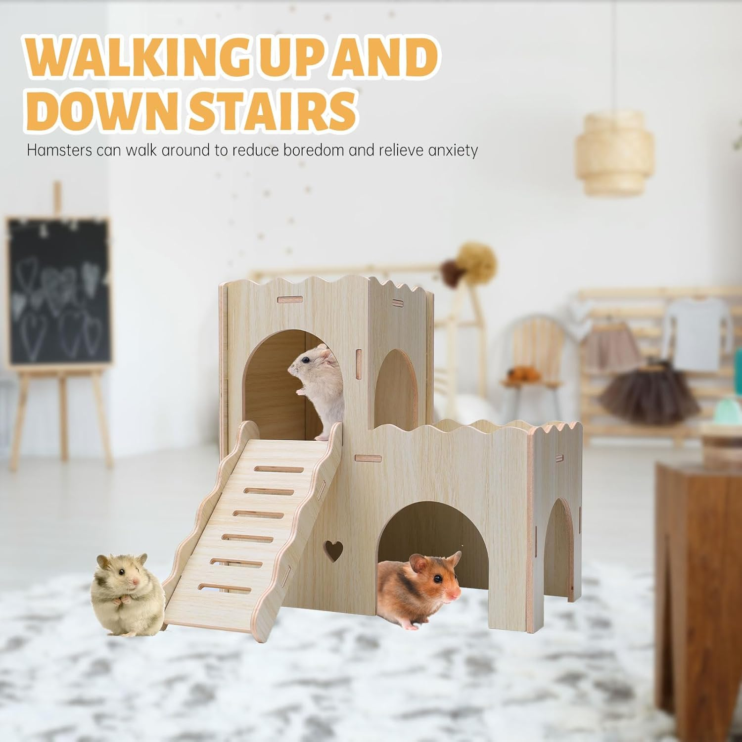 Wooden Hamster House, Hamster Playground with Cave Stairs, Hamster Houses and Hideouts, Wooden Hamster Toys Hamster Cage Accessories