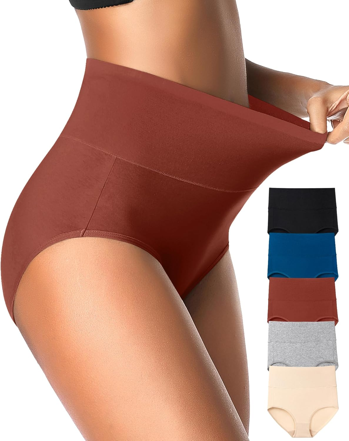 High Waisted Underwear for Women Cotton No Muffin Top Full Coverage Briefs Soft Stretch Ladies Panties 5 Pack