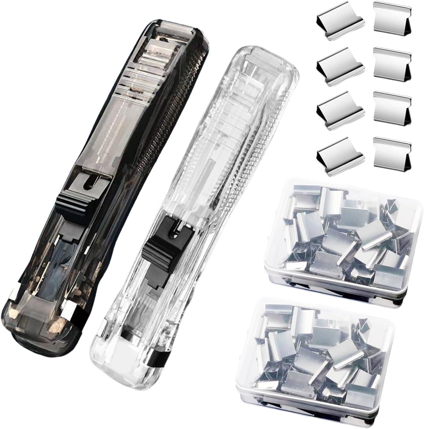 DSBGKJI 2 Pcs Handheld Reusable Creative Stapler Push Stapler Clips Paper Clamp Dispenser 40 Sheet Capacity with 100 Stainless Steel Refill Binder Clips for Office Document School Supplies