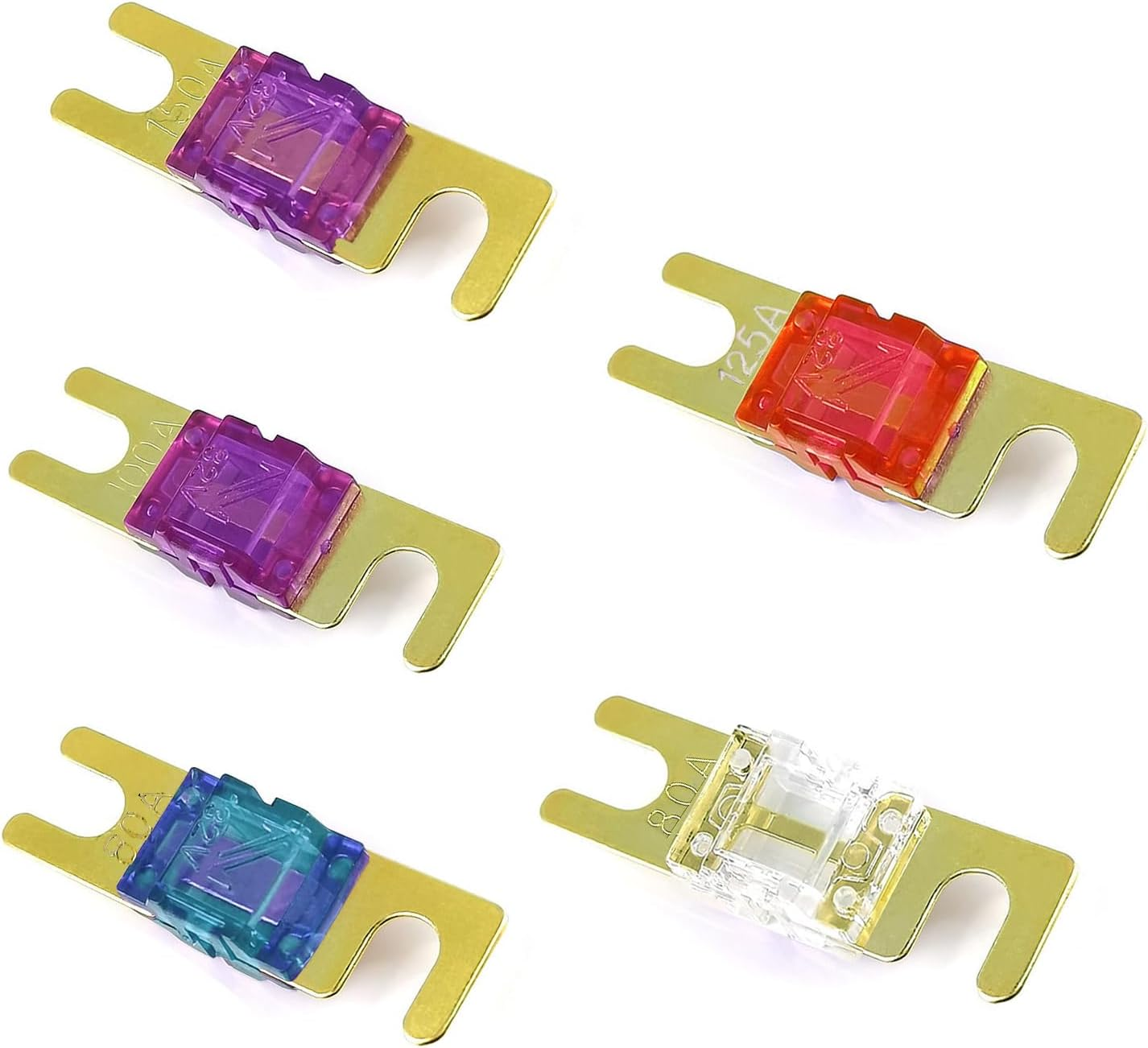 10 Pcs Mini ANL Fuse Pack,Copper Plated Fuse Assortment,32V ANL Inline Fuse,Anl Blade Fuse,(60A, 80A, 100A, 125A, 150A) for Automotive Car Truck Marine Boat Buses Audio Video Electronic System image number 1