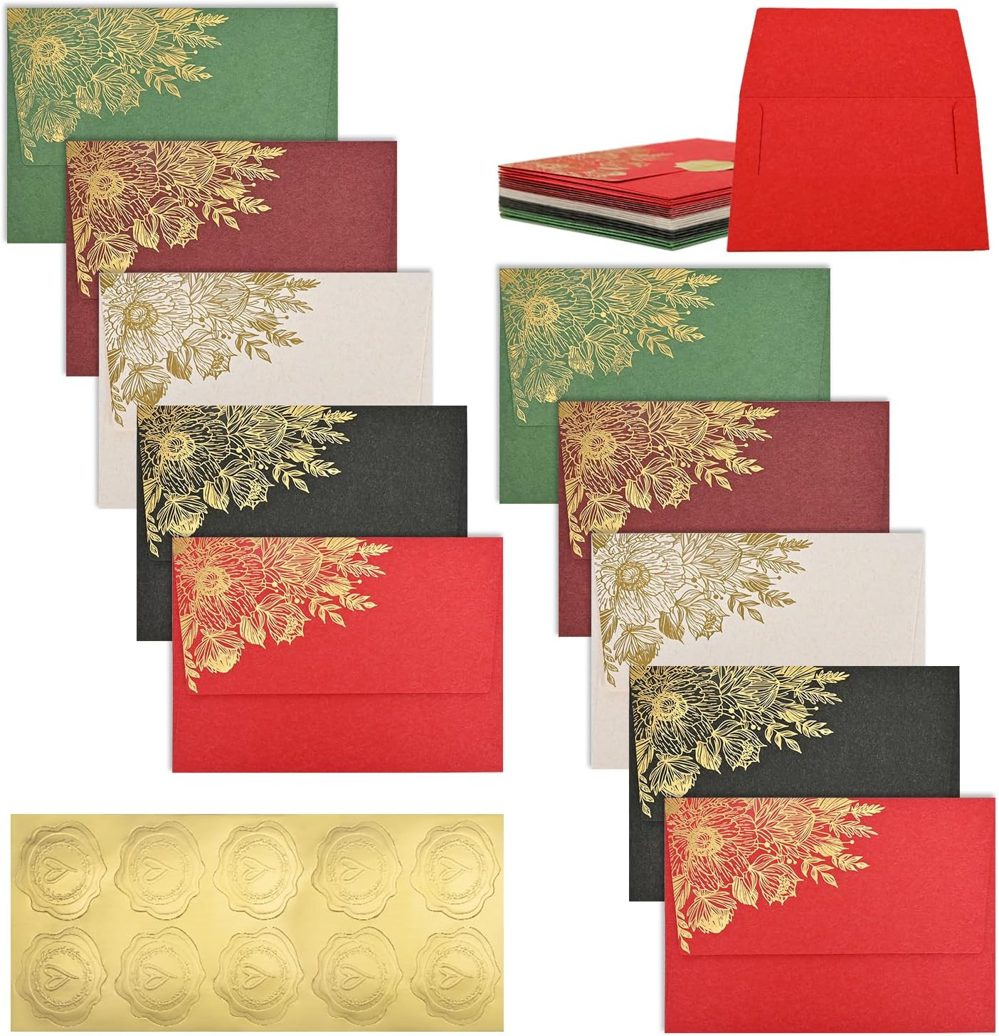 BAYTORY 10 Packs 4X6 Vintage Envelopes with Golden Flower Pattern, A6 Envelopes for Invitation, Greeting Card Envelope with Sealing Stickers for Weddings, Birthday, Graduation, Christmas (Green)