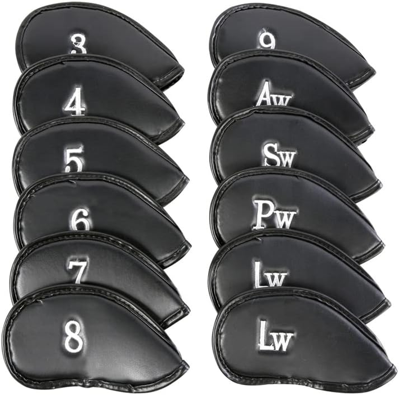 12 PCS Waterproof PU Leather Head Cover Golf Iron Club Putter Headcover 3-SW Set with Number Applique for Easy Recognition Black、Blue, Protective and Durable