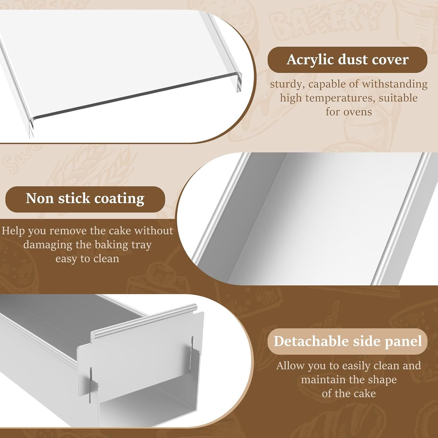 DJAPWPX Rectangle Cake Mold, Aluminum Alloy Rectangle Cake Mold with Acrylic Lid, Practical Tiramisu Pan with Removable Side Panel for Cheesecake Baking image number 1