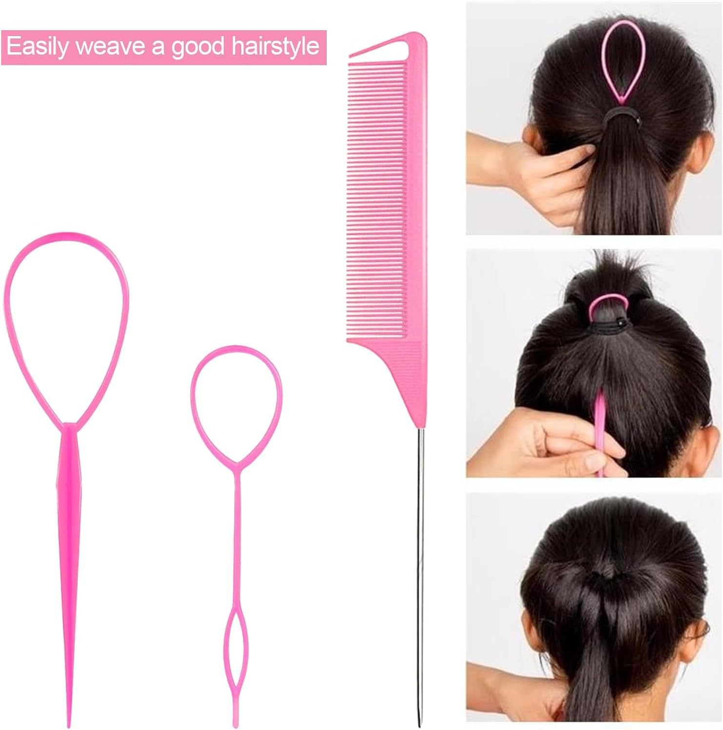 French Braid Loop Tool with Rat Tail Combs, 8Pcs Tail French Braid Loop Tool with Rat Tail Comb, Quick Hair Looping Braid Loop Ponytail Tail Tools for Girls and Women, Pink