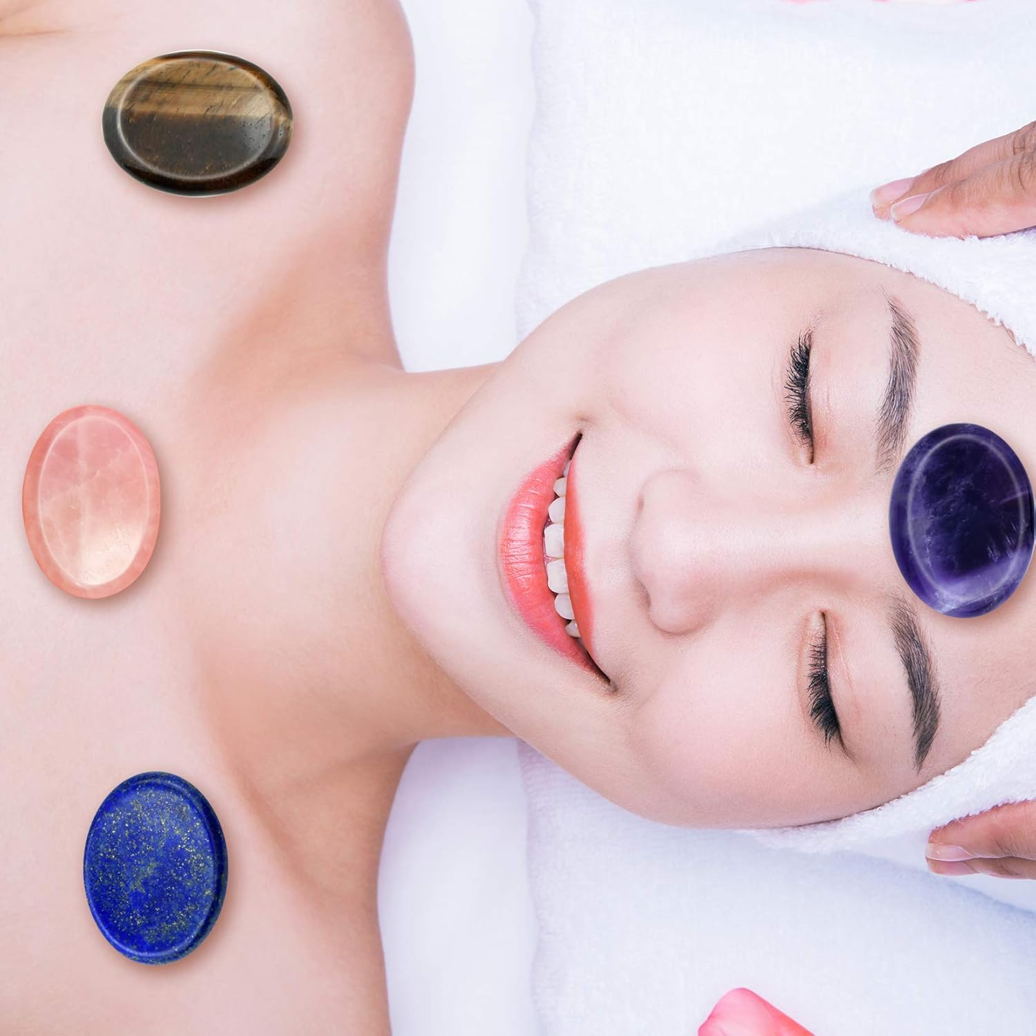 Marrywindix 4 Packs Natural Thumb Worry Stone Set Pink Crystal Amethyst Tiger Eye Lapis Lazuli for Anxiety Stress Relief Meditation Crystal Therapy