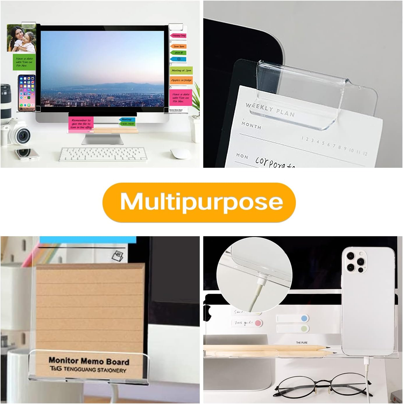 Monitor Memo Boards for Computer, Set of 3 (Left & Right & Bottom) Multifunction Acrylic Screen Message Reminder Pad Side Panels Phone Holder - Utility Organizer for Office Desktop, with Sticky Notes image number 4