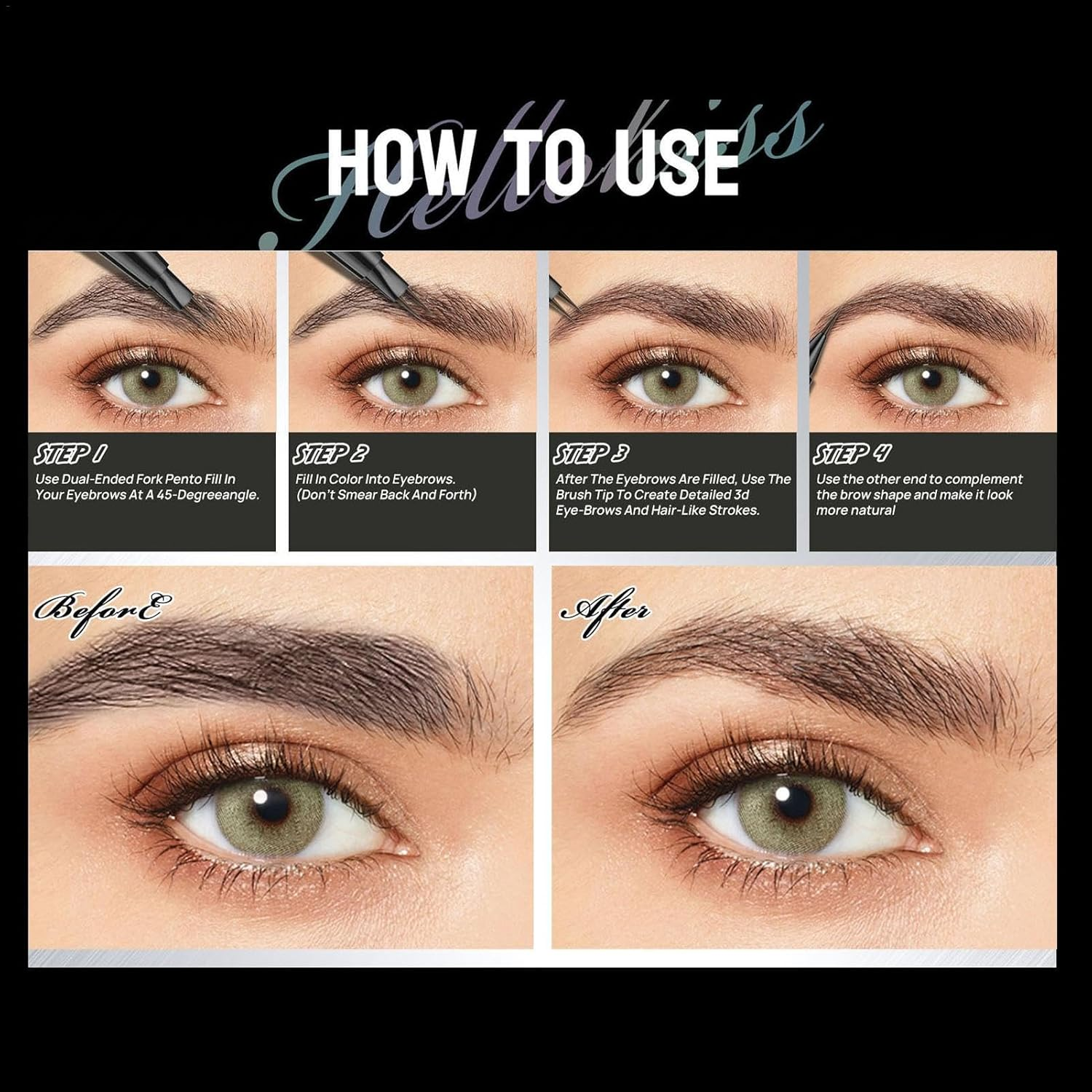 Microblading Eyebrow Pen, Double-Headed Eye Brow Pen with Brush, 2-Fork-Tip Curved Brow Pen Waterproof Eyebrow Tint Pen, Long Lasting Makeup