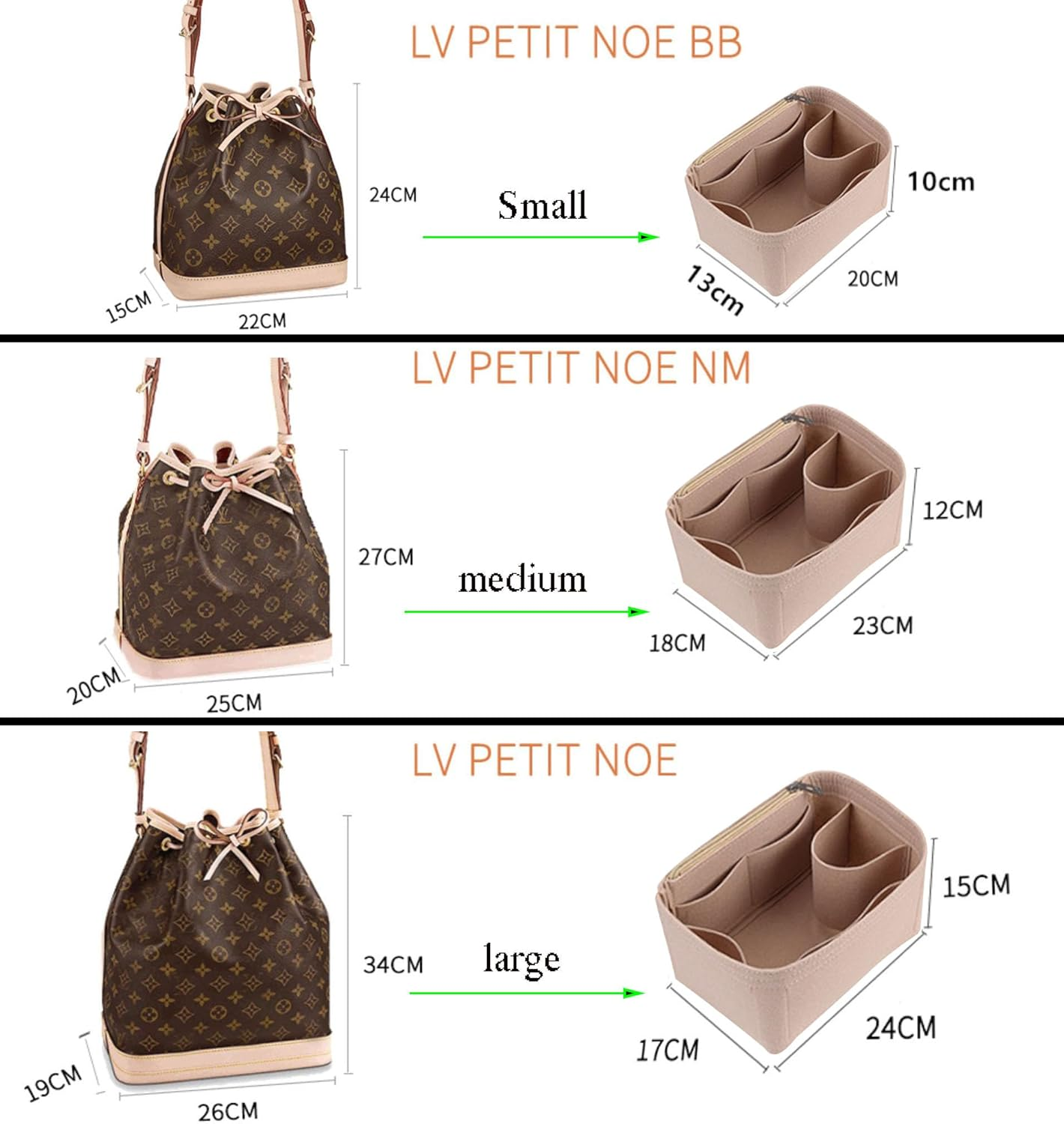 Lckaey Purse Organizer Insert for LV NOE BB Petit NOE NM Storage Bag Organizer with Zipped Pocket Y059Khaki-Medium image number 2