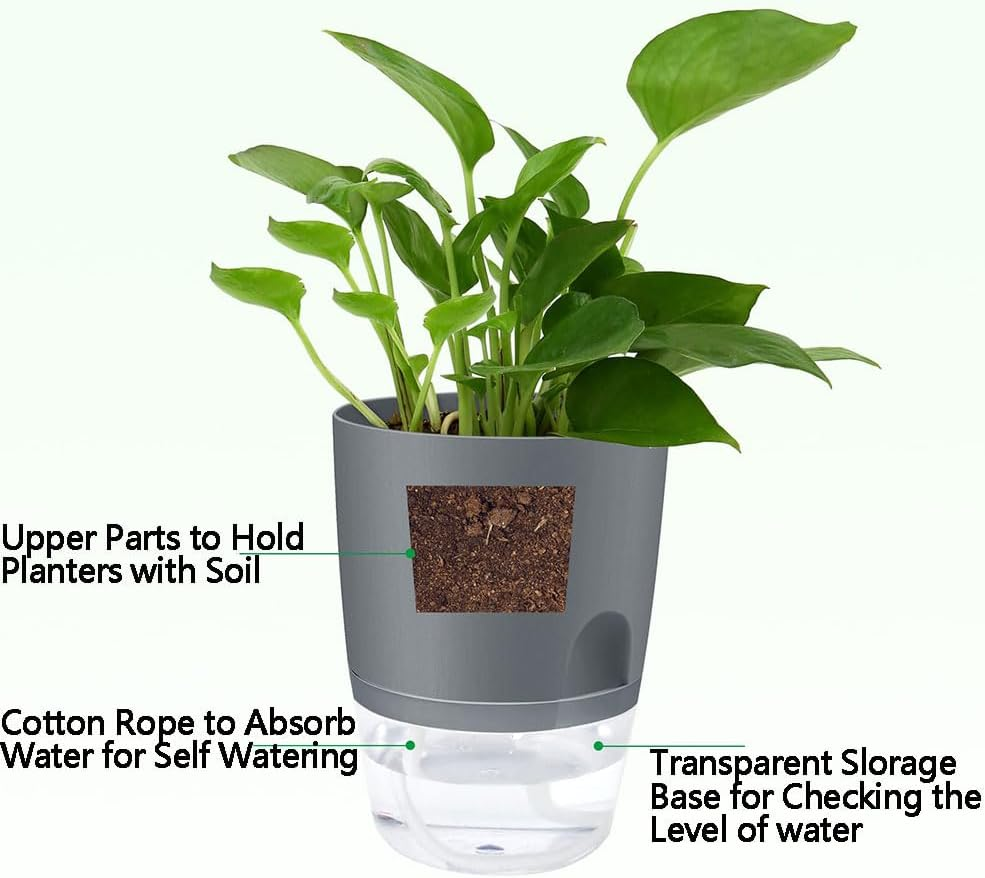 HYAVIA 3 Pcs Self Watering Plant Pots Indoor Planters , Plastic Pots for Succulents, Flowers, African Violets, Snake Plants (Grey) image number 4