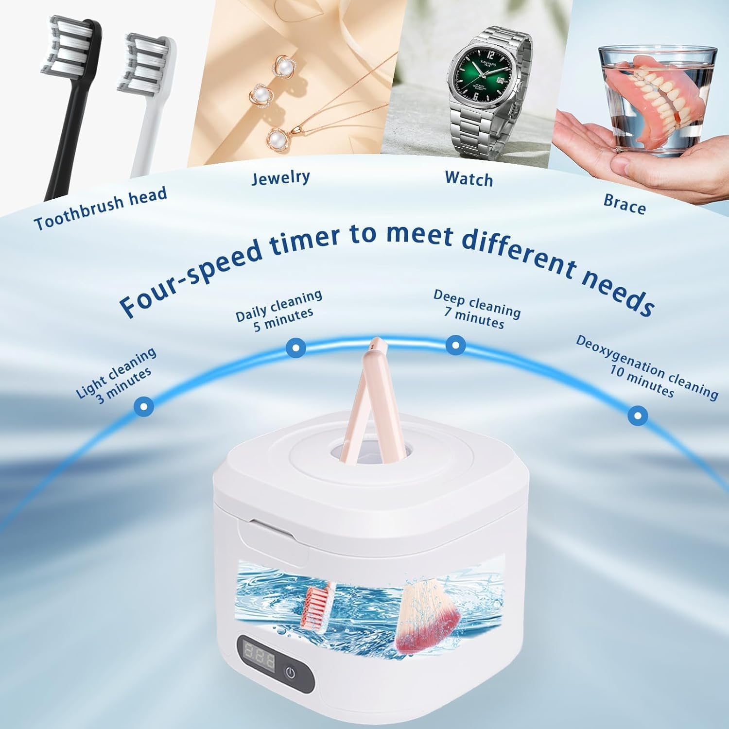 Ultrasonic Retainer Cleaner Machine, 49Khz Portable Dental Retainer Cleaner Pod for Dentures, Mouth Guards, Braces, Toothbrush Heads, Jewelry, 340ML Jewelry Cleaner Deep Cleaning, 4 Modes with Digital Timer image number 6