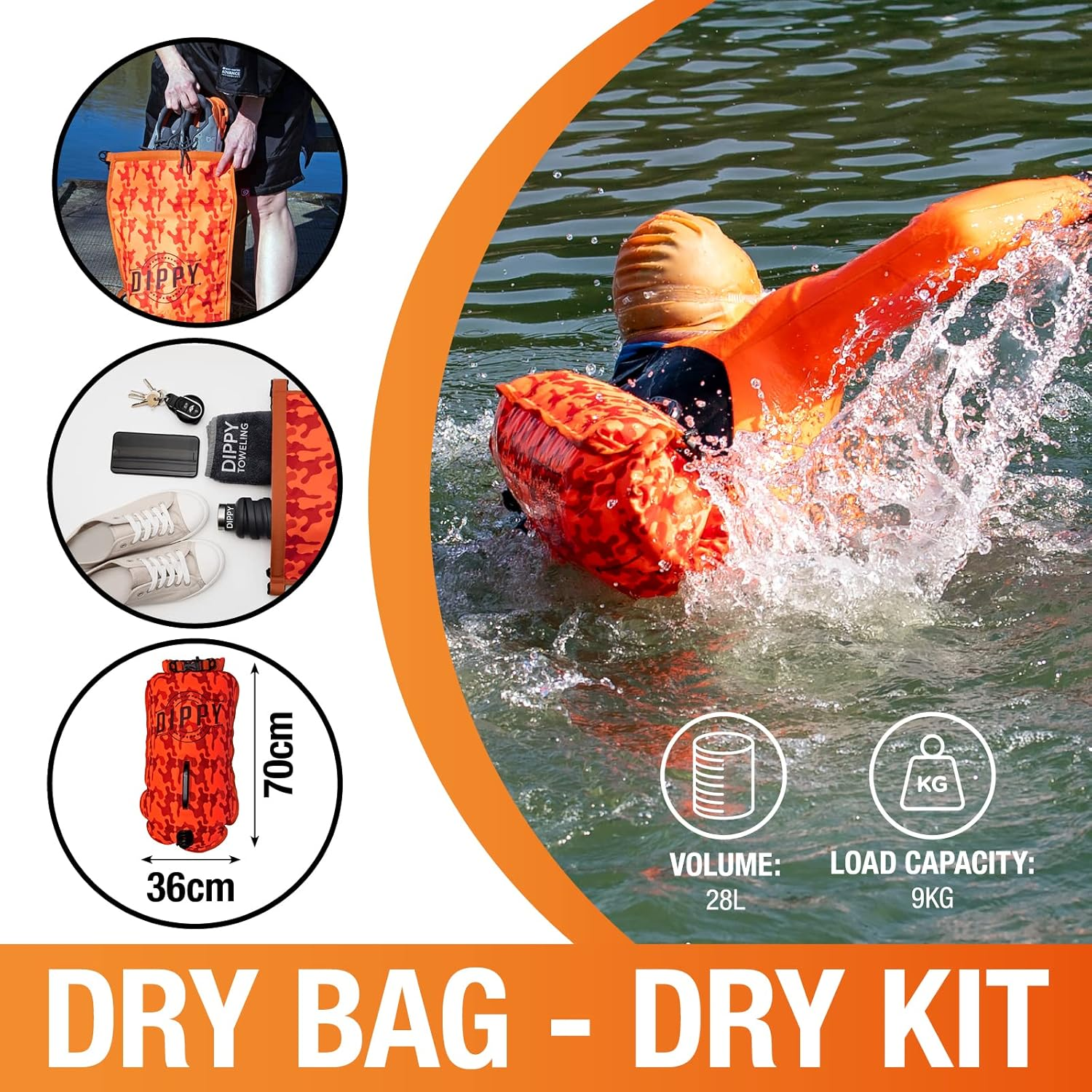 DIPPY Tow Floats for Open Water Swimming | 28L Swim Buoy Open Water Swimming Float | Waterproof Swimming Buoy | Tow Float Dry Bag | Wild Swimming Float | Wild Swimming Accessories (Orange Cammo) image number 2