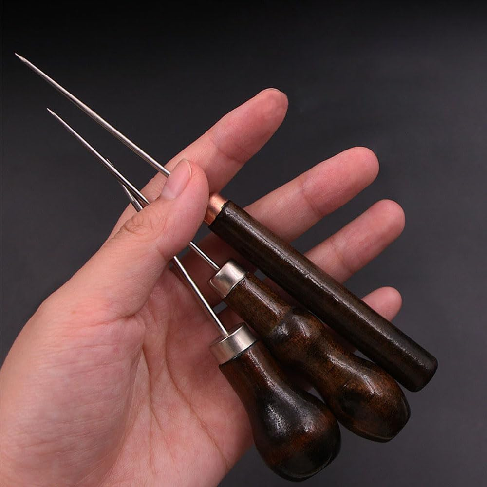 3 Pack Scratch Awl Tool with Wooden Handle Gourd Shape Pin Punching for Leather Punch Hole Craft Repair Shoes Sewing Crochet DIY Handmade Stitch image number 2