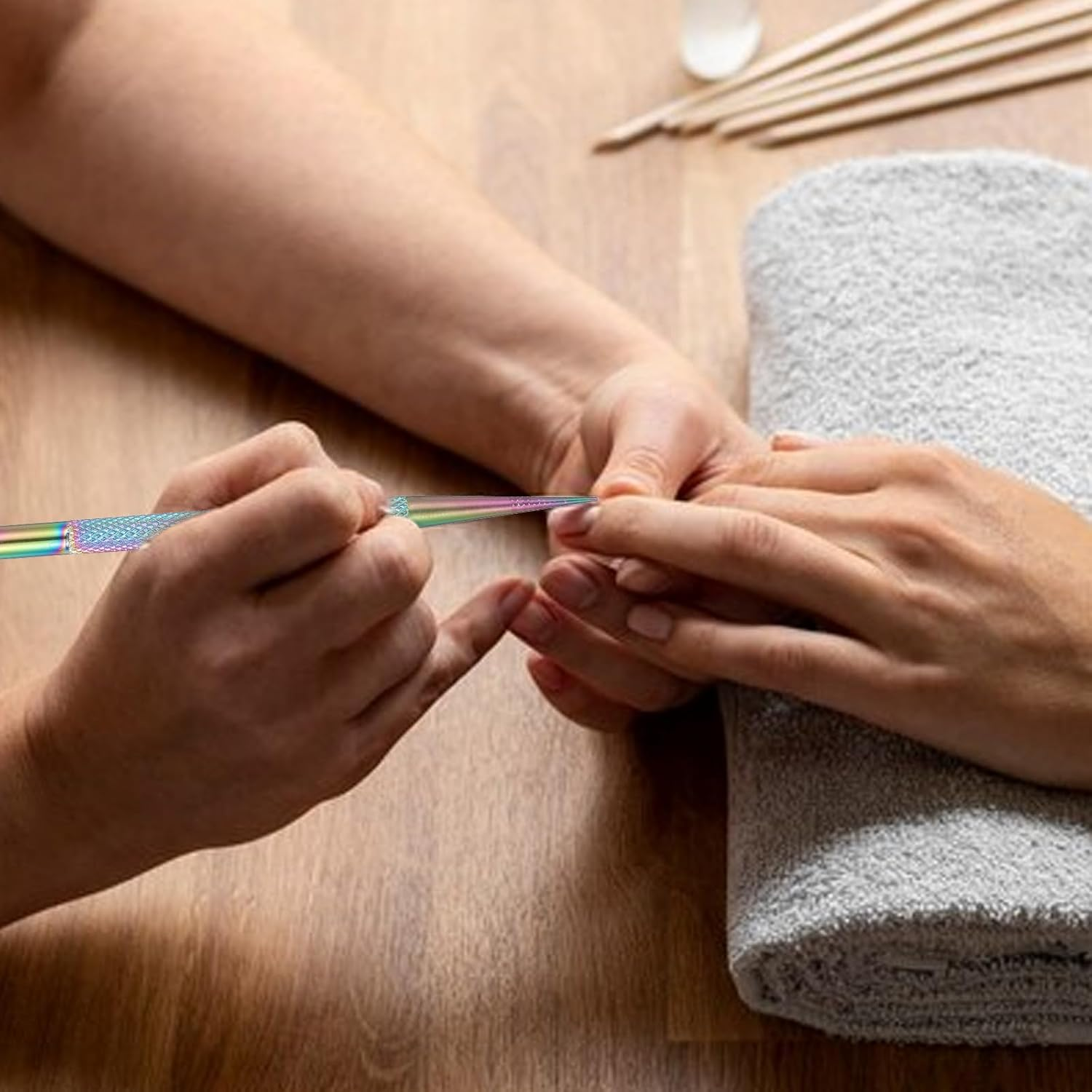 2 Pcs Nail Cleaning Cuticle Stick, Stainless Steel Cuticle Pusher Tool Nail Polish Remover Stick Polish Peeler Cutter for Fingernails Toenails Manicure Titanium Color image number 4