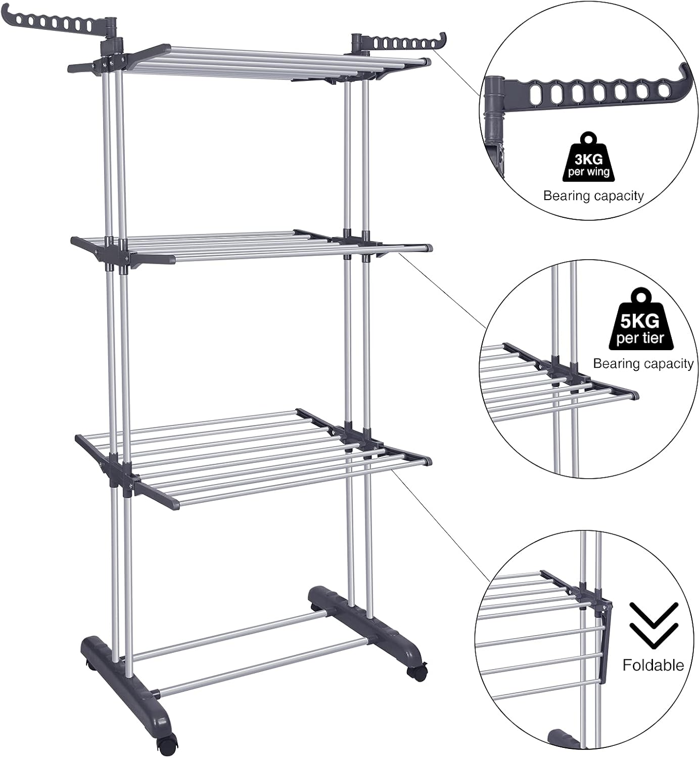Bigzzia Clothes Drying Rack Folding Clothes Rail 3 Tier Clothes Horses Rack Stainless Steel Laundry Garment Dryer Stand with Two Side Wings Grey image number 6