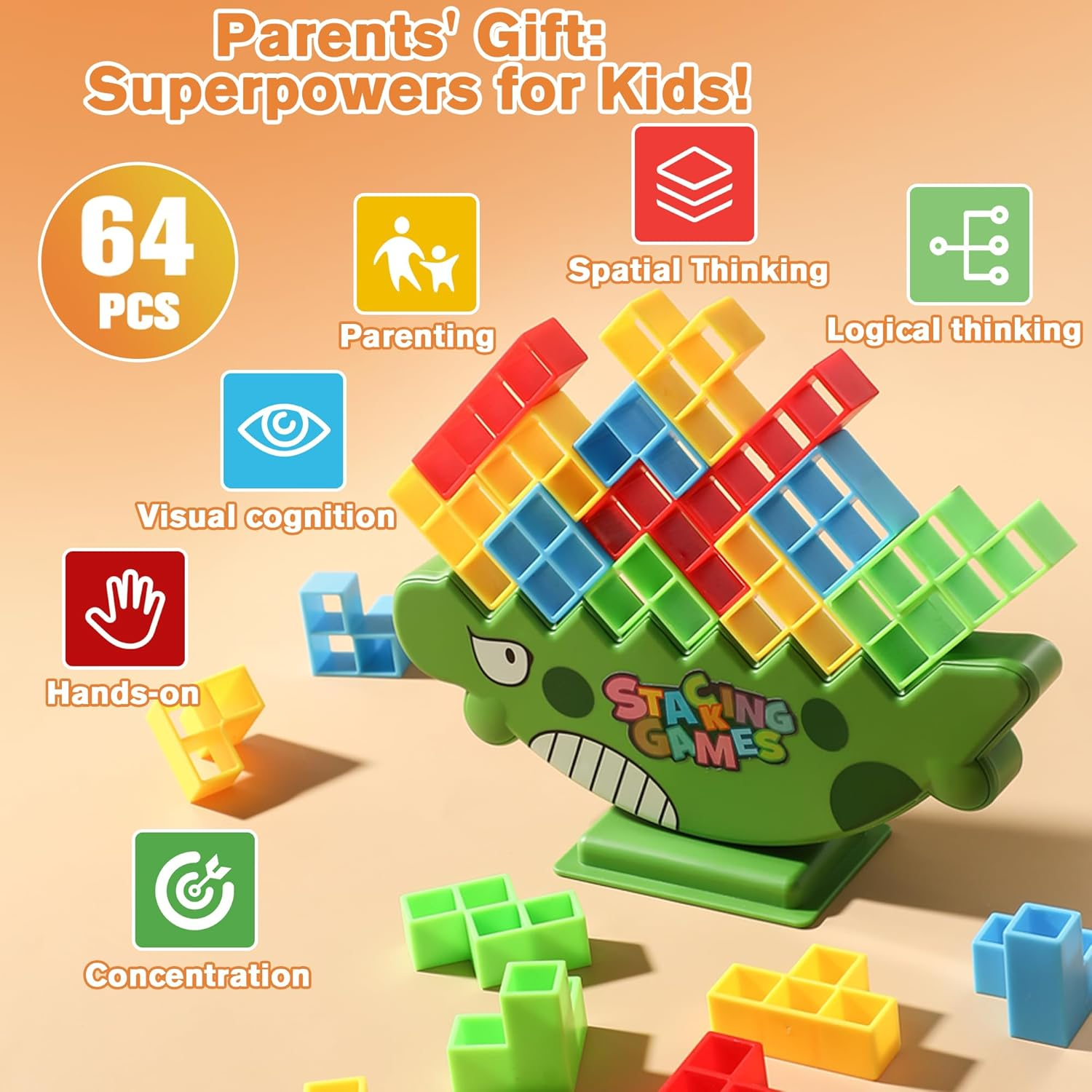 Kids Dinosaur Tower Stack Game! 64PC Upgraded Stacking Blocks &ndash; Bigger, Smoother & Faster | STEM Toys for Kids Ages 3-12 & Adults | Family Party Game for Birthdays & Holidays image number 6