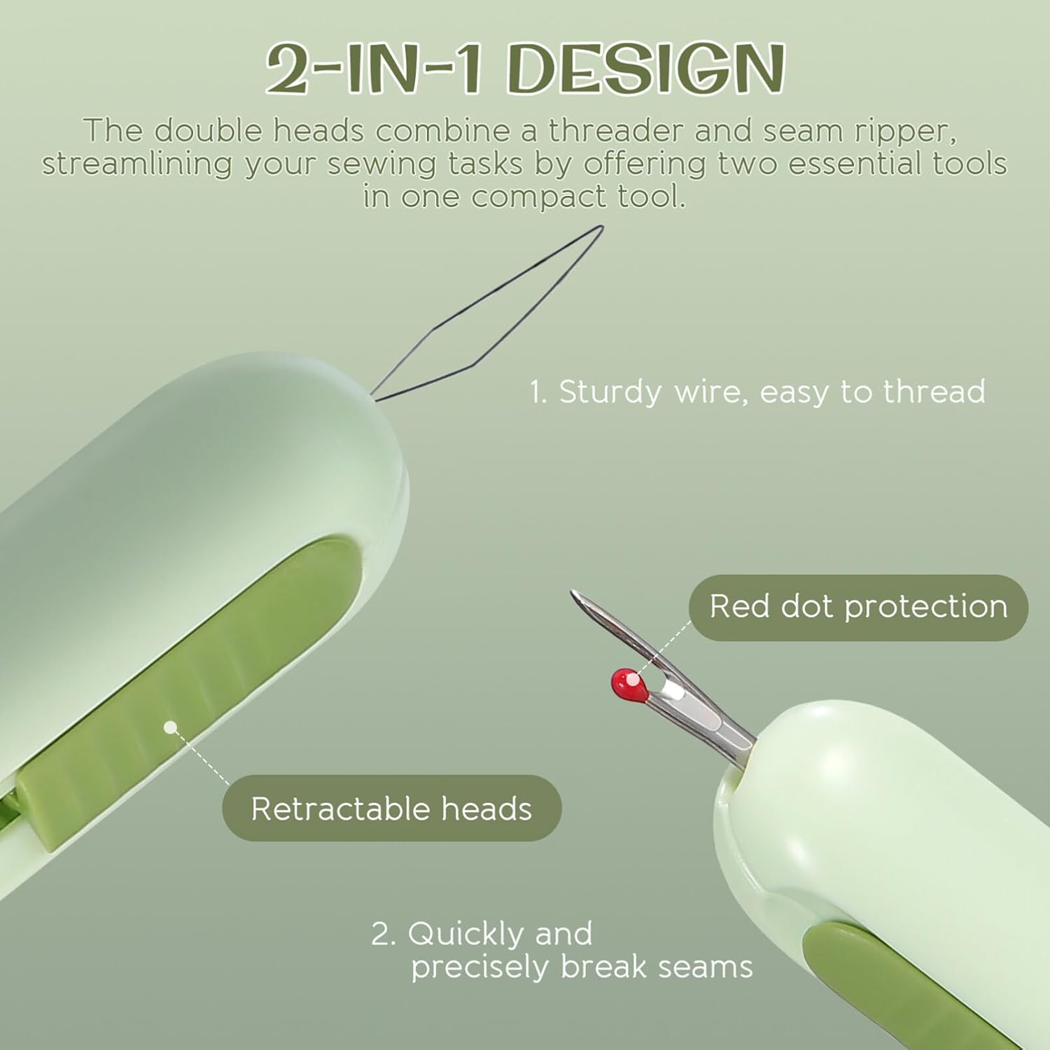 HOODANCOS Upgraded Seam Ripper, 2Pcs 2024 New 2 in 1 Needle Threader Seam Rippers for Sewing, Double Head Retractable Seam Remover Seam Ripper Tool for Knitting Quilting image number 4