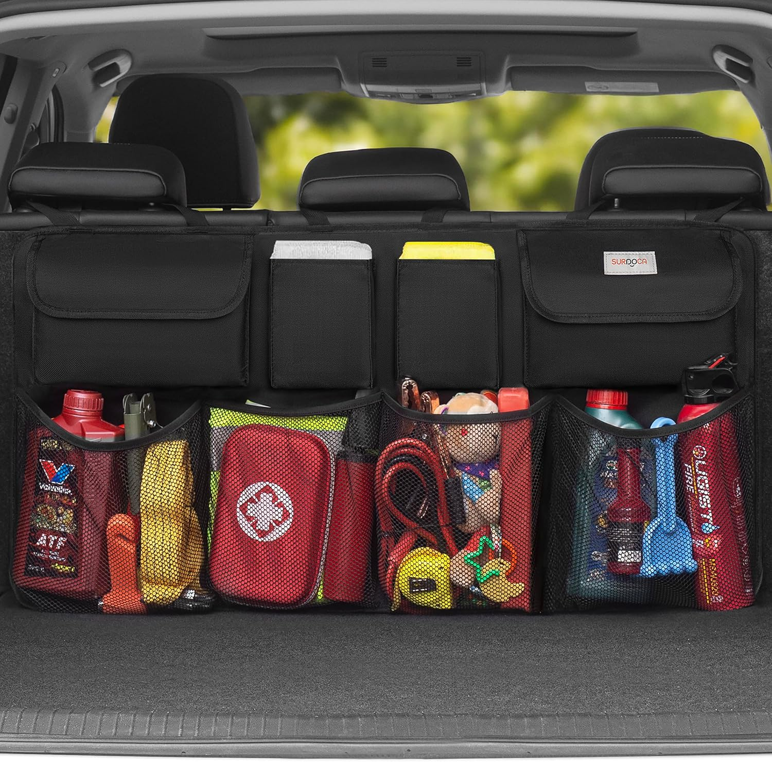 SURDOCA Car Trunk Organizer, 4Rd Gen [8 Times Upgrade] Super Capacity Car Hanging Organizer,Equipped with 4 Magic Stick,Car Trunk Tidy Storage Bag with Lids, Space Saving Expert (Xl-110X48Cm, Grey)