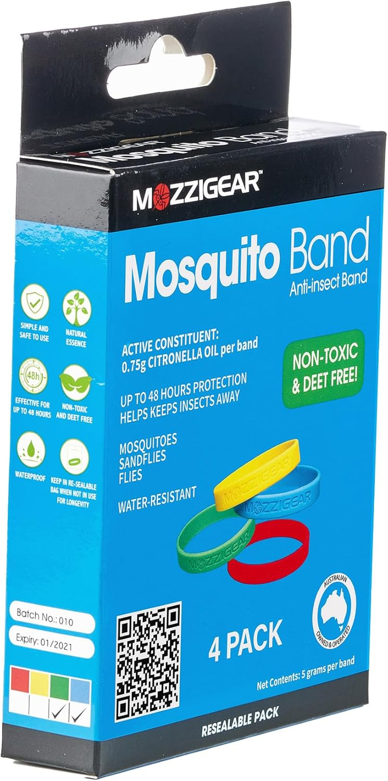 Mozzigear Mosquito Band Adults Size Pack of 4 Citronella Oil Infused Wristband for Insects, Sandflies, Flies & Midges Waterproof Bug Bands for Indoor, Outdoor, Camping & Travelling - Natural, Non-Toxic, Deet Free, Natural, APVMA Registered, Australian image number 3
