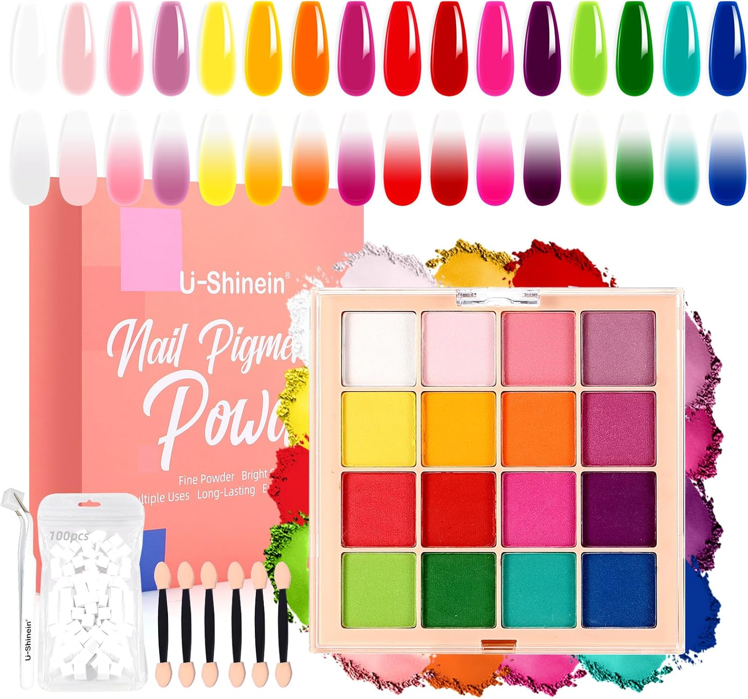 Nail Pigment Powder Palette Set, 16 Colors Ombre Nail Powder Palette with 100Pcs Sponges & Tweezers French Aura Nails Ombre Nail Brush Nail Long-Lasting Manicure Art DIY Accessories image number 5
