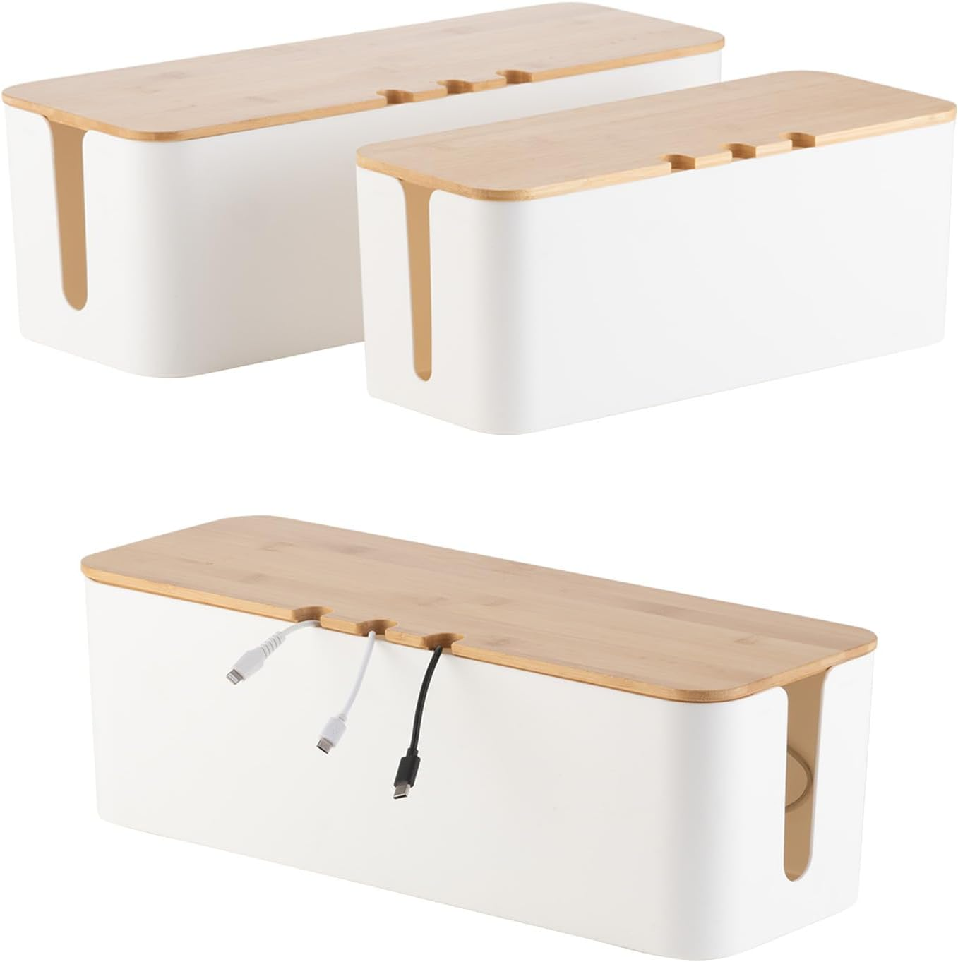 Zarek Set Two of Bamboo Cover Cable Management Box, Large Storage Tidy,Wires Keeper Holder for Computer, Desk, TV, Phone Holder, Powerboard Charging Cable, Strong Organiser Box on Home&Office（Black）