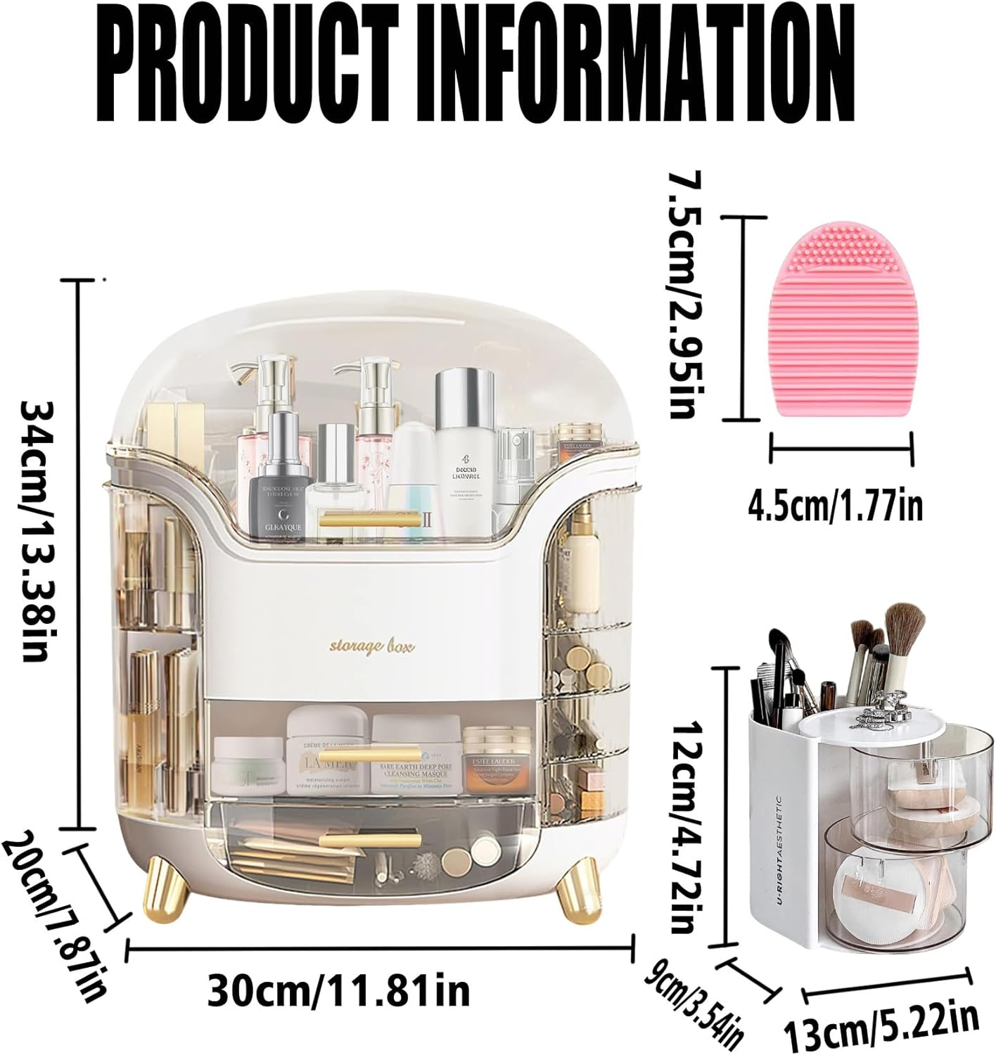 Portable Make up Case Dustproof Cosmetic Storage, Skin Care Products Jewelry Organizer Lipstick Boxcomes with Powder Puff Storage Box and Silicone Washer(White image number 6