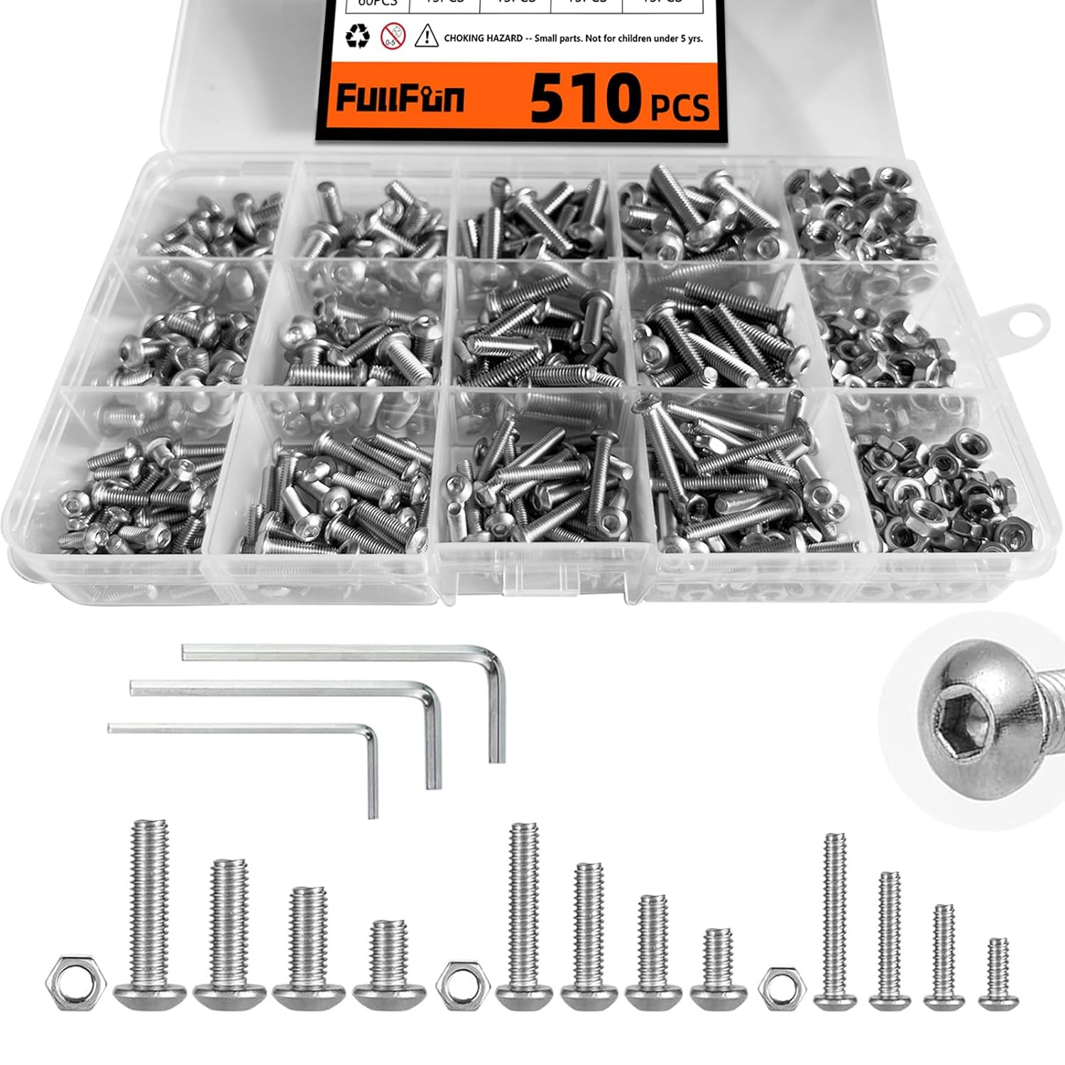 Fullfun 510PCS M3 M4 M5 Button Head Socket Cap Screw Bolts Nuts Assortment Kit, 304 Stainless Steel Metric Screws with 3PCS Allen Wrenches, Allen Socket Hex Drive Machine Screws Set