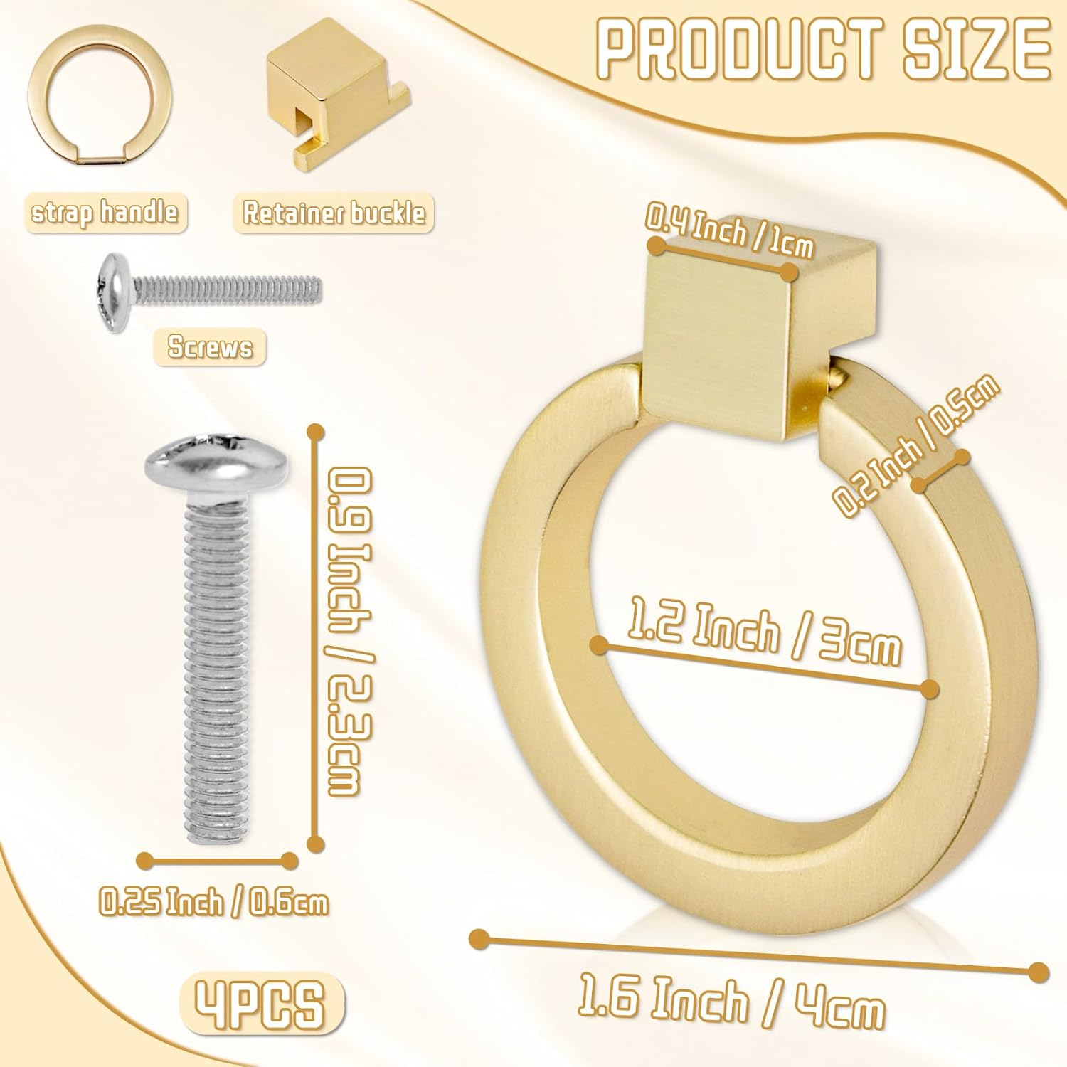 4 Pack Cabinet Knobs, Gold Drawer Pulls, Ring Pulls for Dresser Gold Cabinet Pulls, Brushed Gold Cabinet Knobs for Cupboard Wardrobe (Gold) image number 1