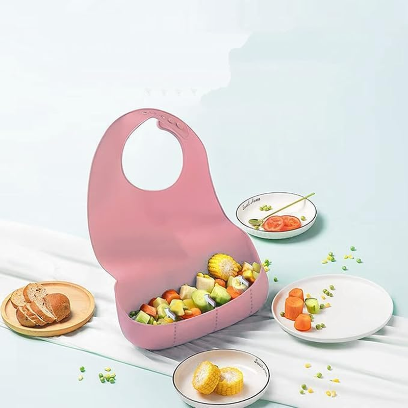 Waterproof Bibs for Adult with Crumb Catcher Silicone Adjustable Pink for Elderly Women Eating image number 1