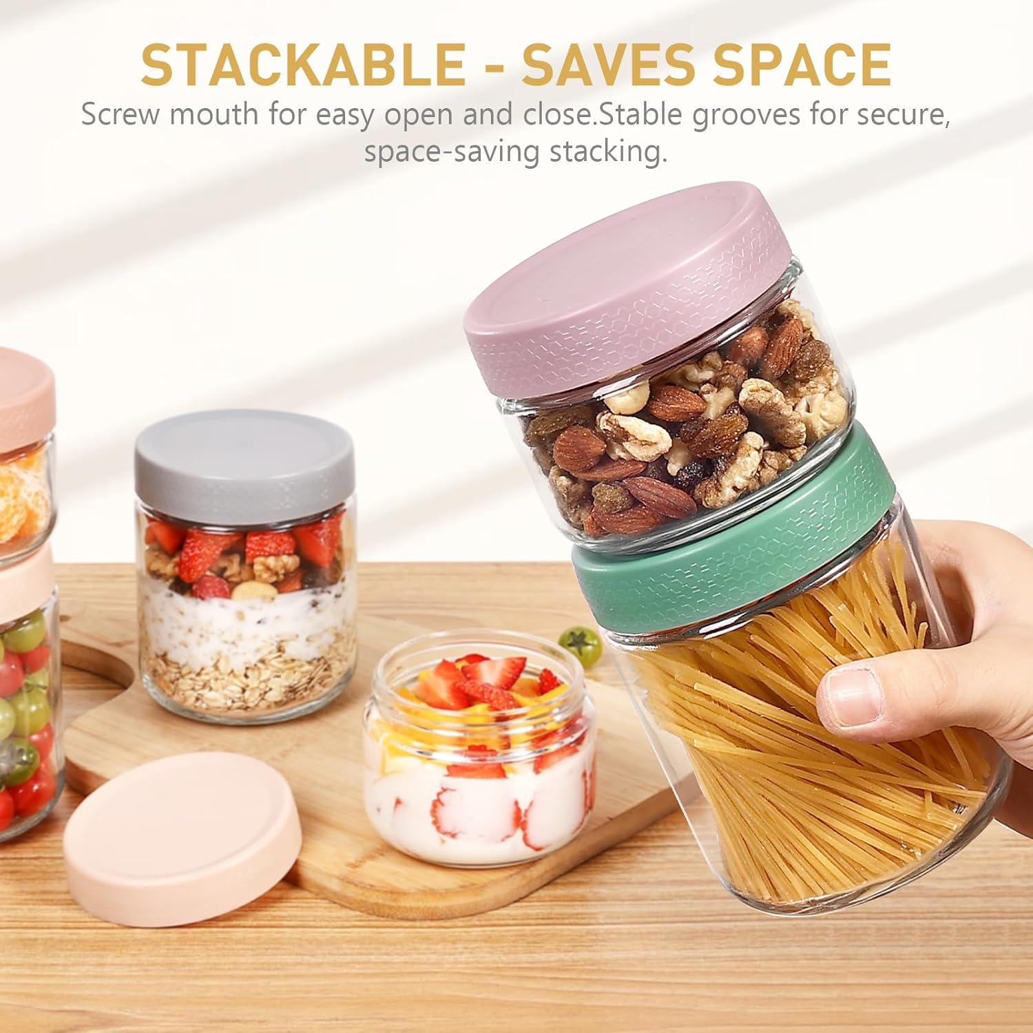 Feshory 6 Pack Overnight Oats Container Jar with Lid - Glass Food Storage Containers - Meal Prep Container for Salad, Spice, Snacks, Dressing Sauce (6X550Ml) image number 2