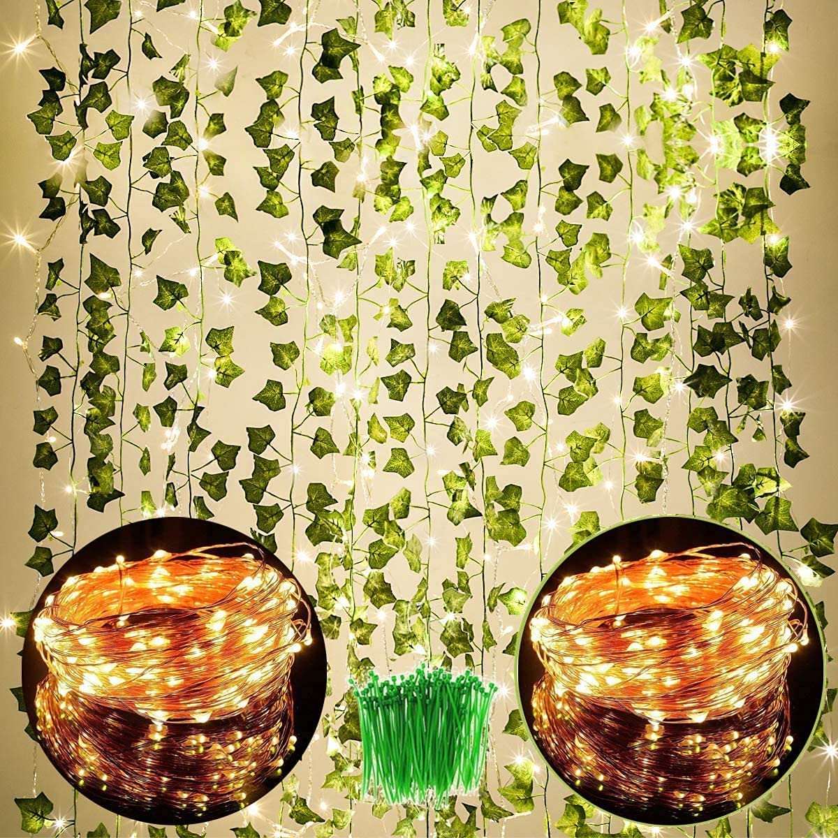 168 FT Artificial Ivy 24 Pack Ivy Vine Garland Ivy Leaves Greenery Garlands Hanging with 400 LED String Light Fake Leaf Plants Faux Green Flowers Decor for Home Kitchen Garden Office Wedding Wall