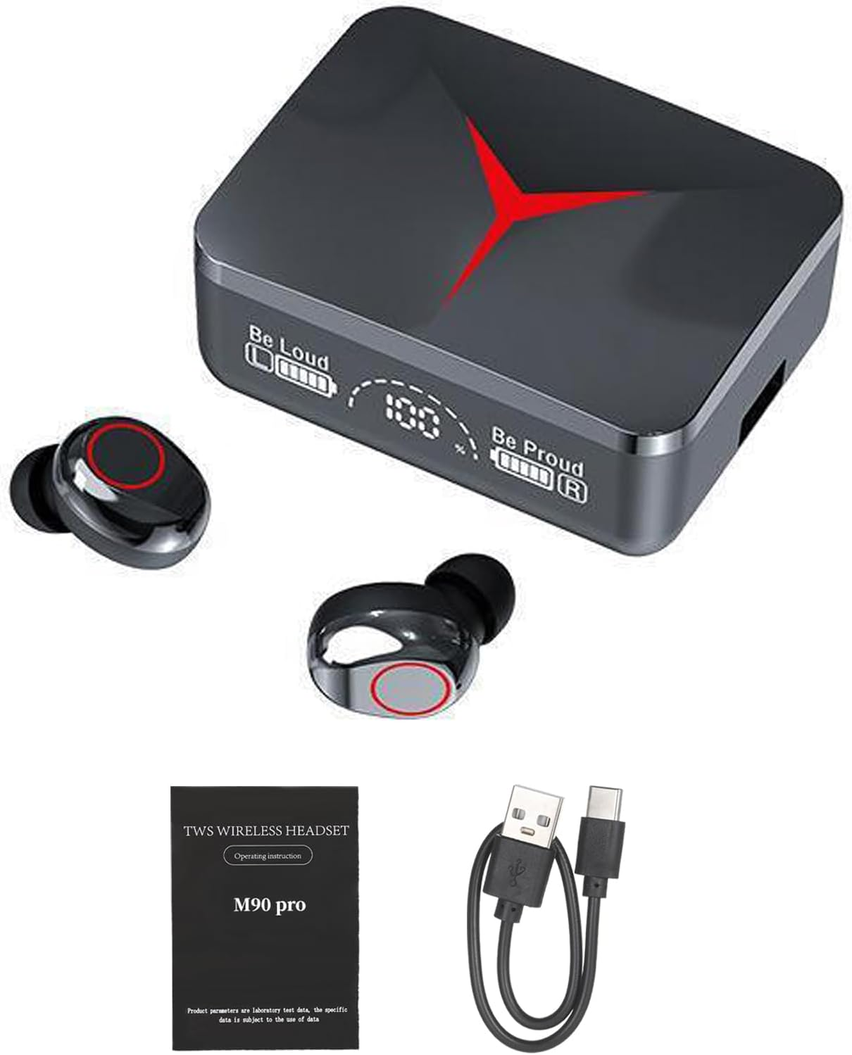 M90 Wireless 5.3 Sport Earbuds with LED Power Meter Portable Charger Case Touch Control 5H Playtime Dual Mic Ergonomic Fit Black image number 4