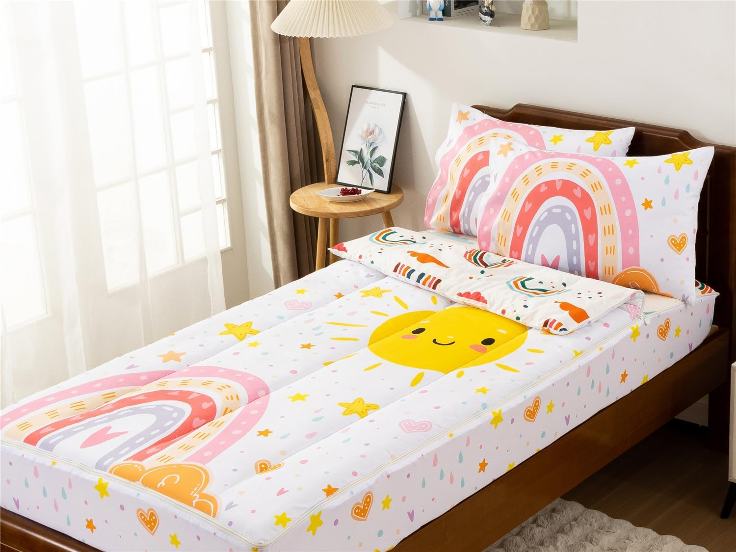 NTBED Rainbow Sun Printed Zipper Bedding Sets Twin for Kids Girls Lightweight Microfiber Comforter Set with Fitted Sheet Pillow Covers,White image number 3