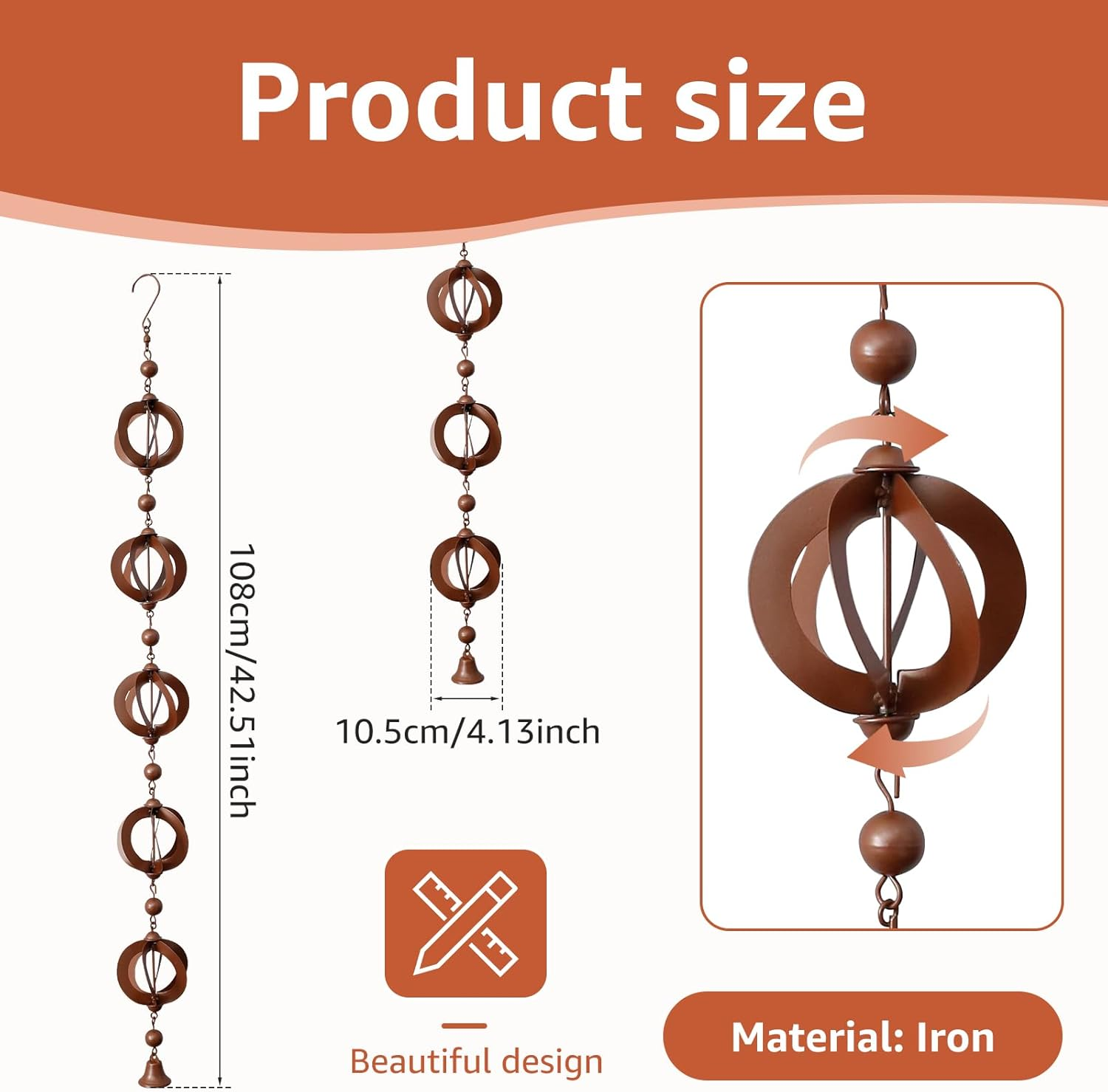 3.6 FT Rain Chain Decorative Iron Rain Gutter Chains Functional Replacement Downspout Chain Outdoor Rain Chains for Gutters Hanging Gutter Chain for Patio Yard