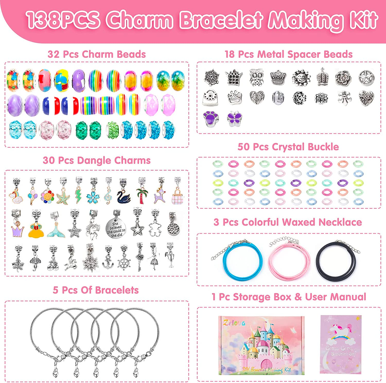 Bracelet Making Kit for Girls, 138Pcs Charm Kids Jewellery Making Kits, DIY Jewelry Making Gifts Set for Girls Age 6 7 8 9 10 11 12 Year Old image number 2