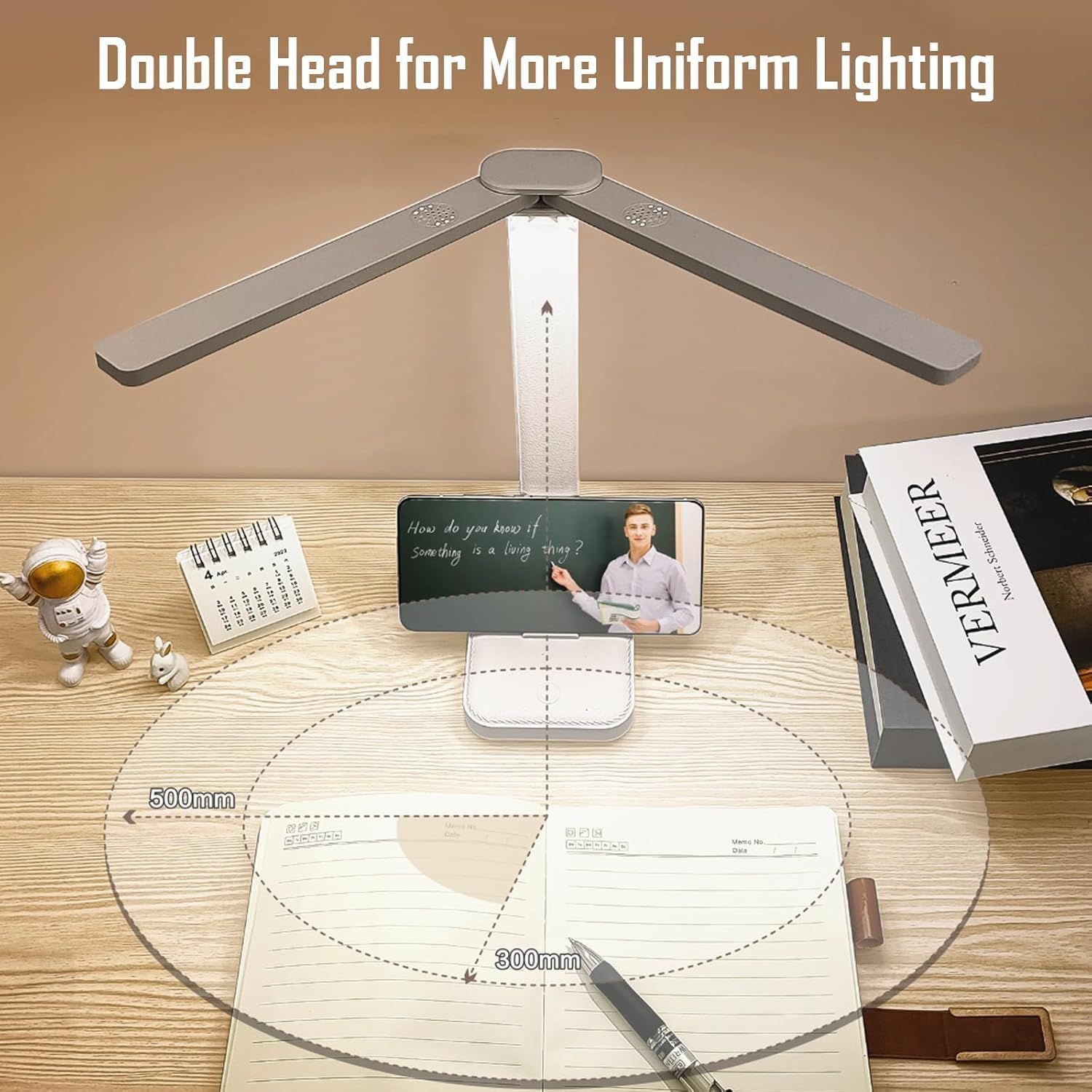 Double Head Desk Lamp, Rechargeable Portable Table Lamp, Adjustable Light Color and Brightness, USB Powered, LED Light for Work, Reading, Emergency (White) image number 5