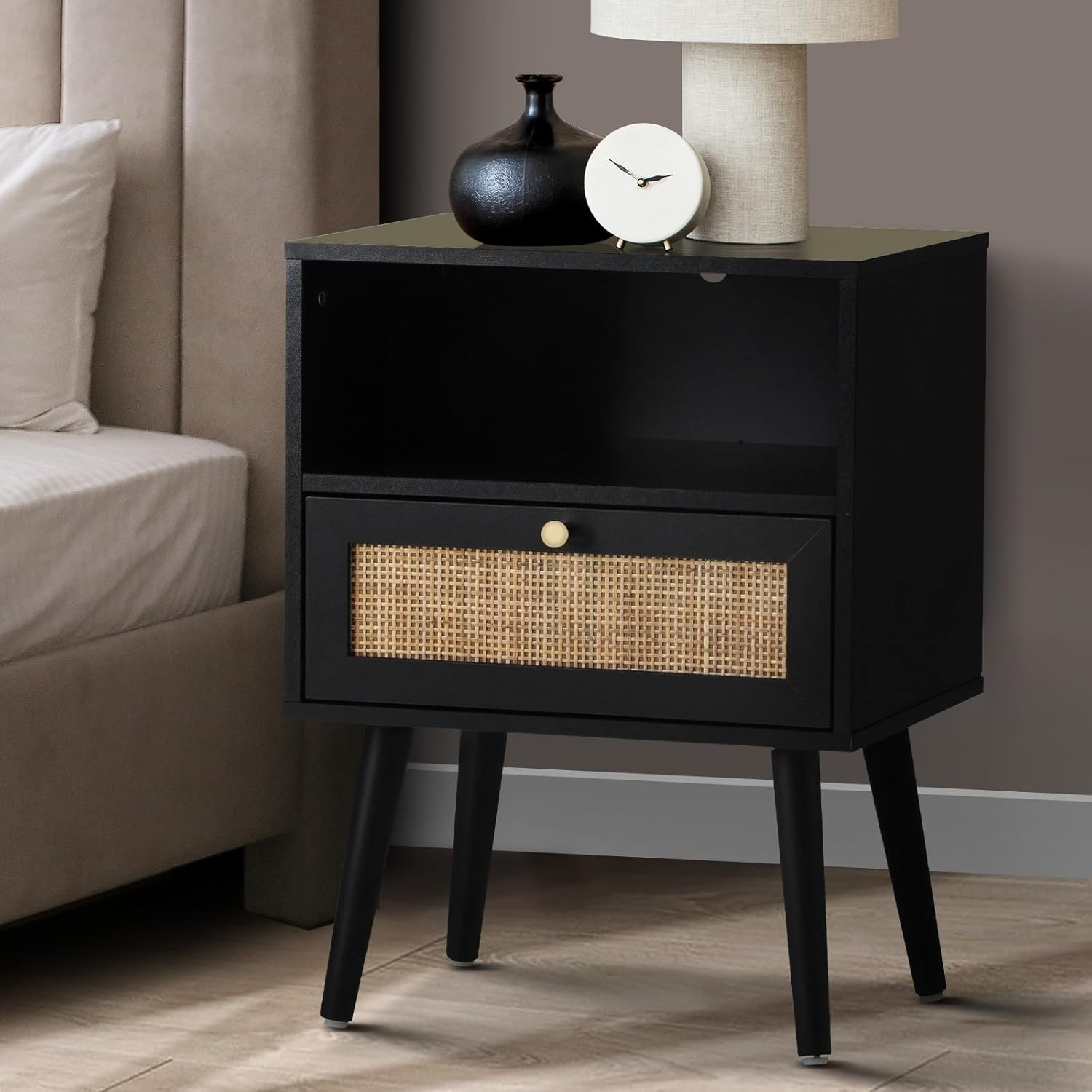 Oikiture Bedside Table with 2 Drawers, Wooden Side Table Nightstand Home Storage Furniture Black