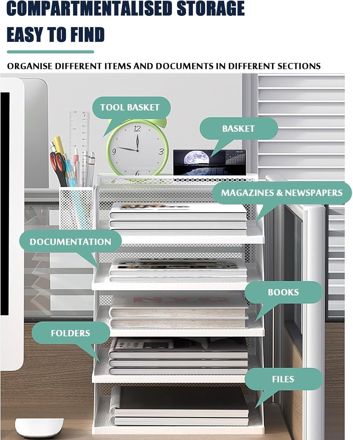 Desk File Organiser, 3 Tier Drawable Storage Rack with Top Box Letter Tray Paper Organiser with Pen Holder and Metal Hanging Basket, Simple and Stylish Office Supplies, White (Horizontal) image number 5