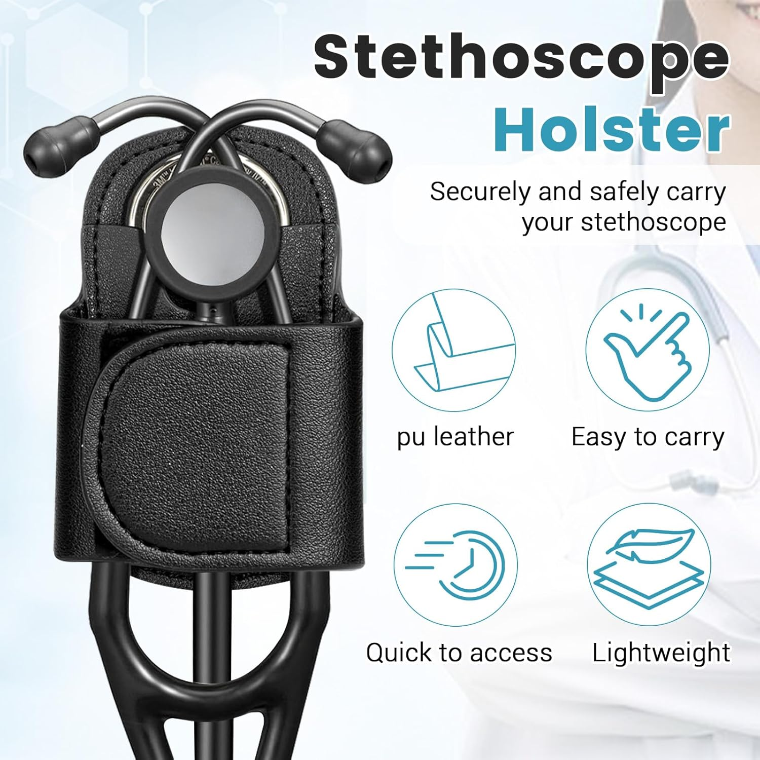 PU Stethoscope Holster, Universal Stethoscope Holder, Stethoscope Holder Hip Clip, Sturdy Stethoscope Holder for Scrubs, Black Stethoscope Accessories (Black)