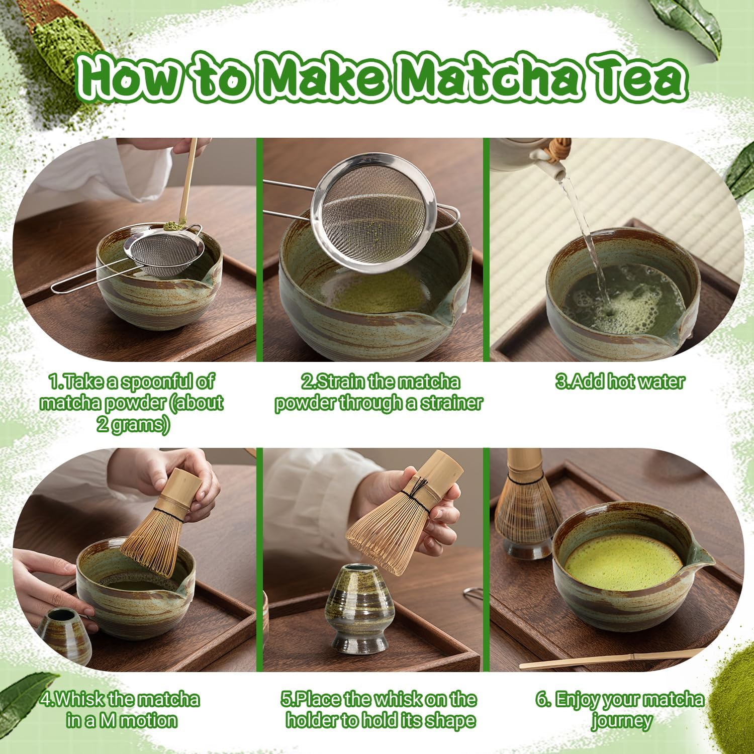 Matcha Whisk Set 7 Pcs- Japanese Traditional Tea Ceremony, Match Bowl with Spout, Whisk, Bamboo Scoop&times;2, Whisk Holder, Tea Cloth, Matcha Whisk Set Matcha Green Tea Making Kit (Classical Green)